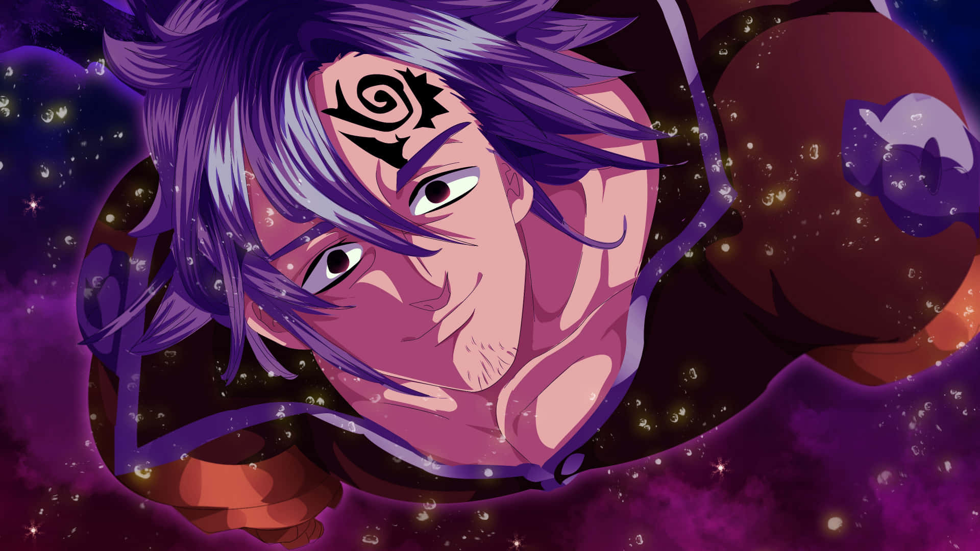 Seven Deadly Sins Estarossa 桌布 壁紙 — 一個紫髮、額頭上有螺旋標記的動漫角色特寫，漂浮在閃爍的宇宙紫色虛空中。