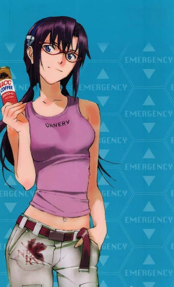 Mari Illustrious Makinami 桌布 壁紙 — 一個紫髮動漫女孩穿著紫色背心和白色褲子，在藍色六邊形緊急背景前拿著一個咖啡罐。