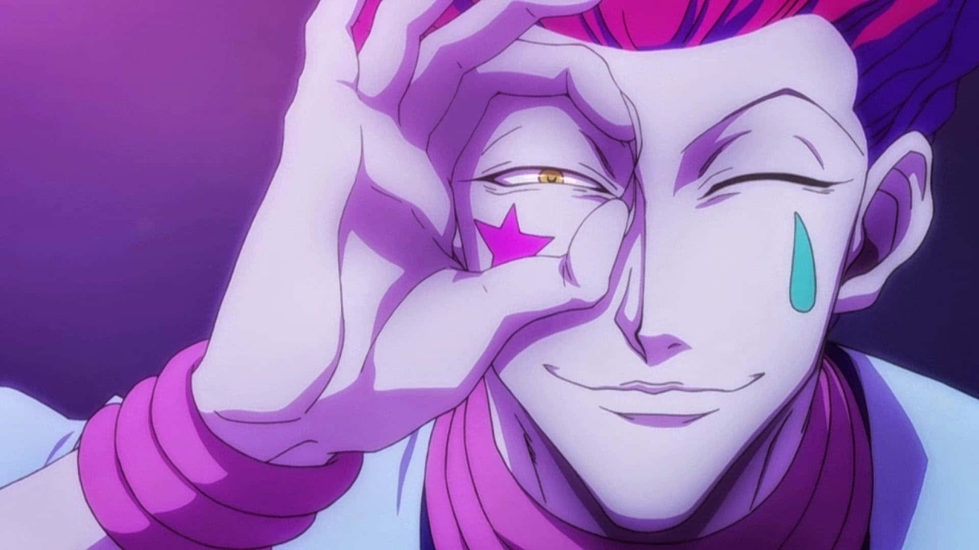 Hisoka Morow 桌布 壁紙 — 一個紫髮動漫角色眨眼，帶有星星紋身和藍綠色淚珠，同時用手托住臉頰。