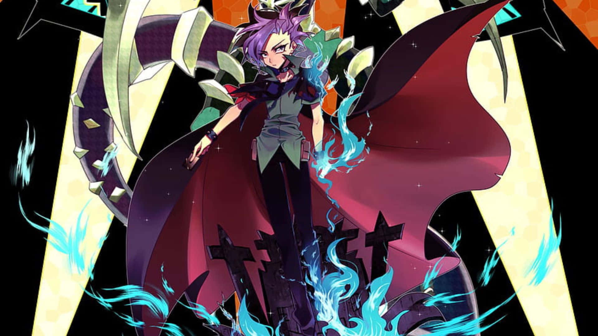 Yu-gi-oh Yuto 桌布 壁紙 — 一個紫髮動漫角色身穿紅色斗篷，在黑暗幾何背景中揮舞發光的藍色能量。