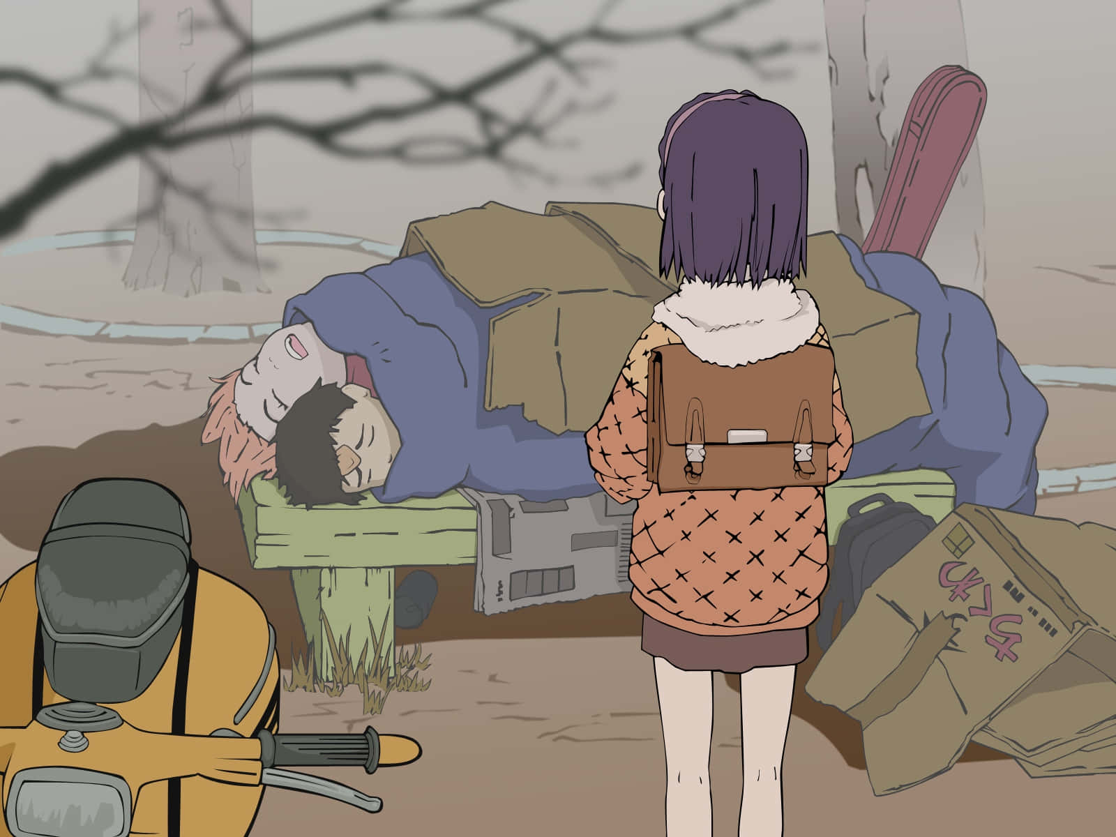 Ninamori Eri 桌布 壁紙 — 一個紫髮女孩穿著圖案外套，站在一個在紙板下睡覺的人旁邊，附近有一輛滑板車，在荒涼的戶外環境中。