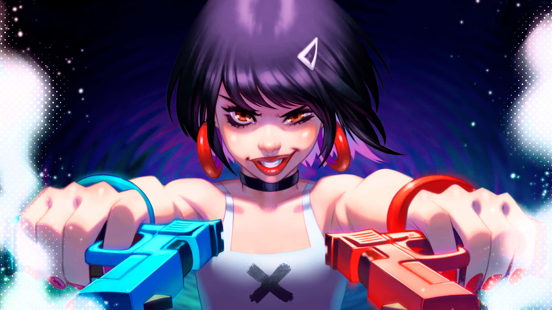 Fortnite Chapter 3 桌布 壁紙 — 一個紫髮的兇猛動漫女孩在宇宙星空背景下揮舞著發光的藍色和紅色水槍。