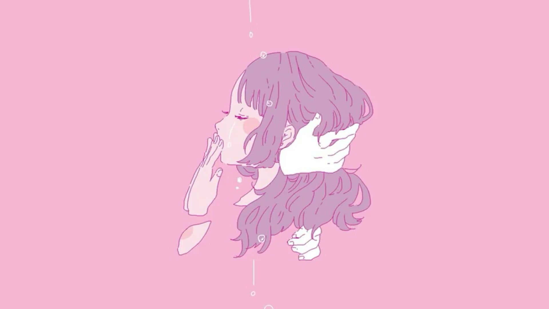 粉紅色可愛風格 桌布 壁紙 — 一個紫髮的細膩動漫女孩在柔和的粉紅色背景前輕輕哭泣，溫柔的水滴在她周圍落下。