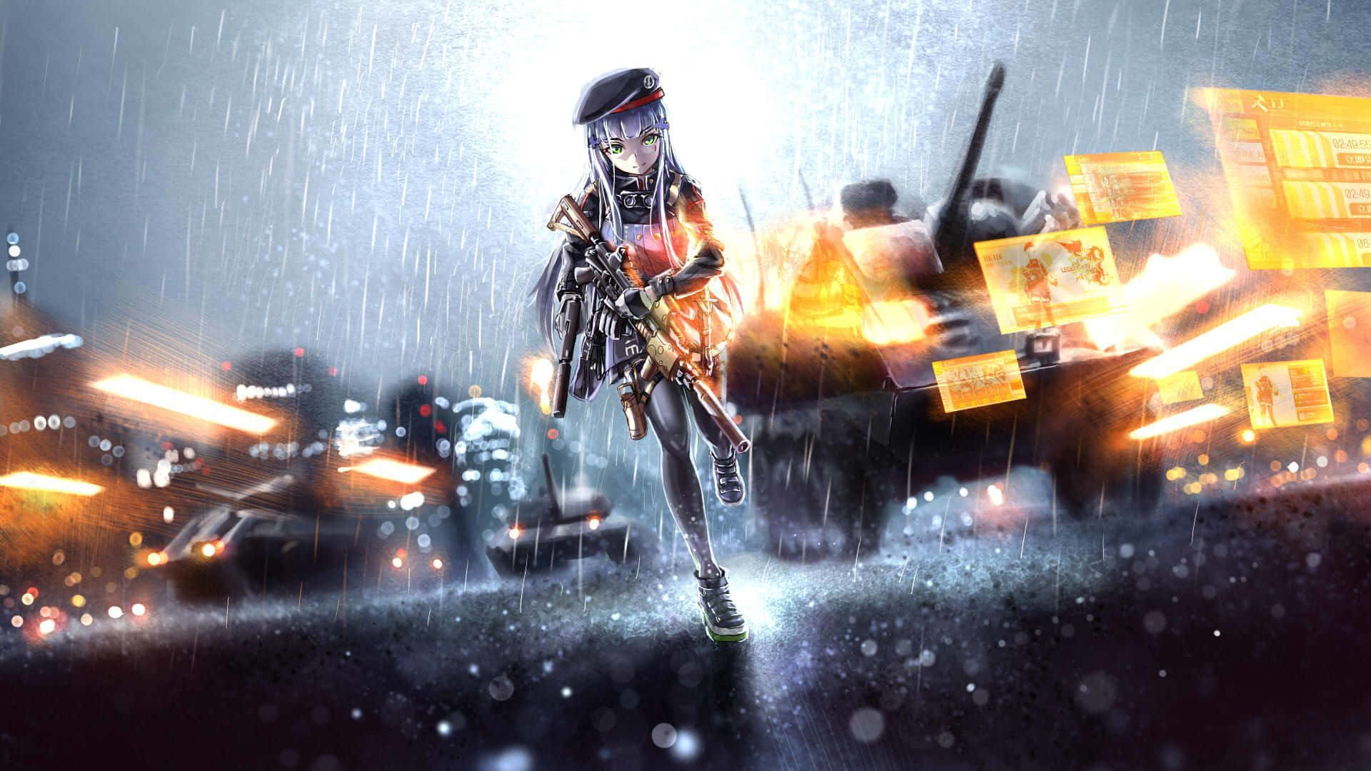 Battlefield 桌布 壁紙 — 一個紫髮的賽博龐克動漫女孩站在雨中，手持步槍，爆炸和霓虹燈照亮了戰火摧殘的城市街道。