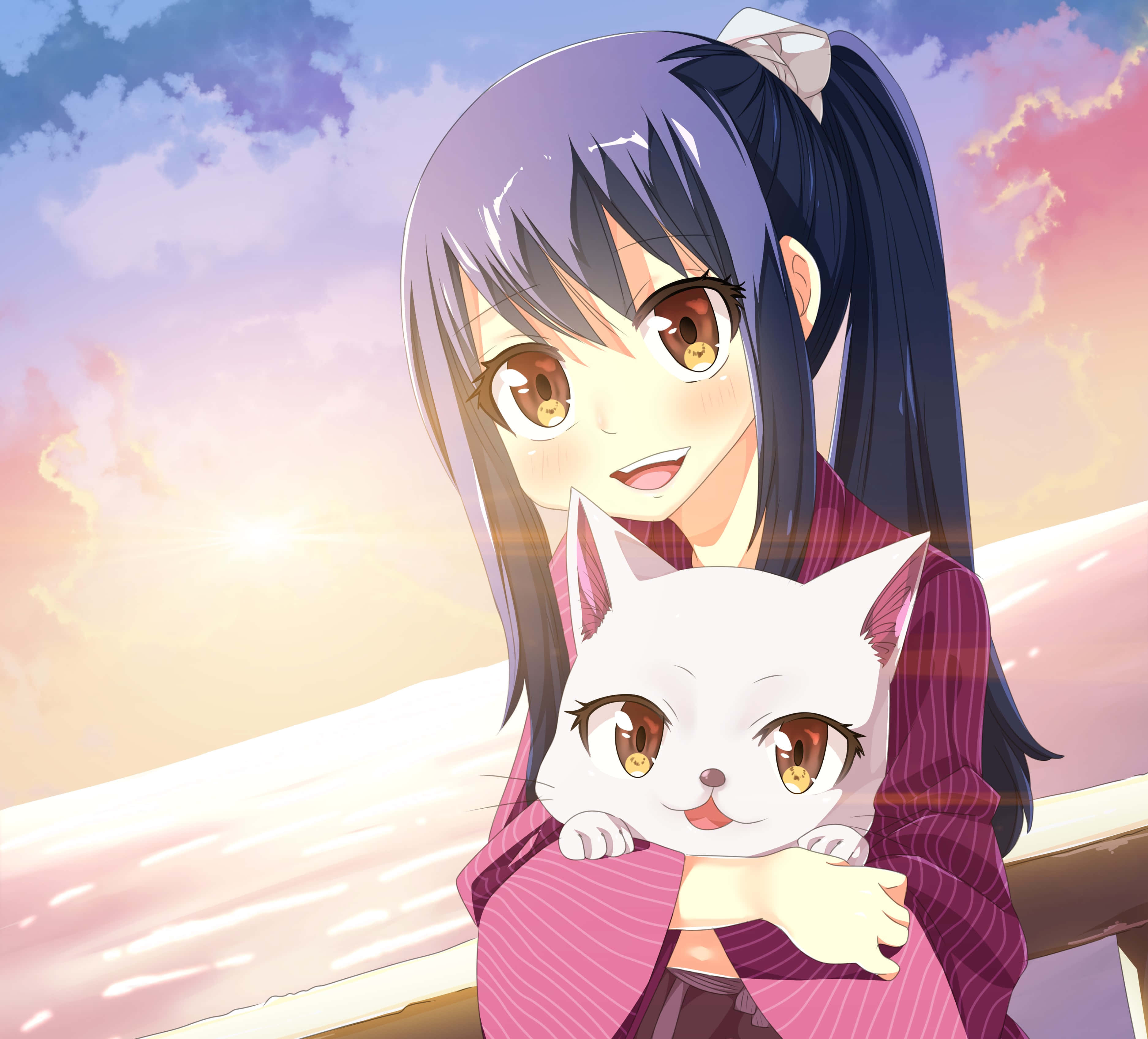 Wendy Marvell 桌布 壁紙 — 一個紫髮的開朗動漫女孩在柔和夕陽天空和粉彩雲朵的背景下擁抱一隻白貓。
