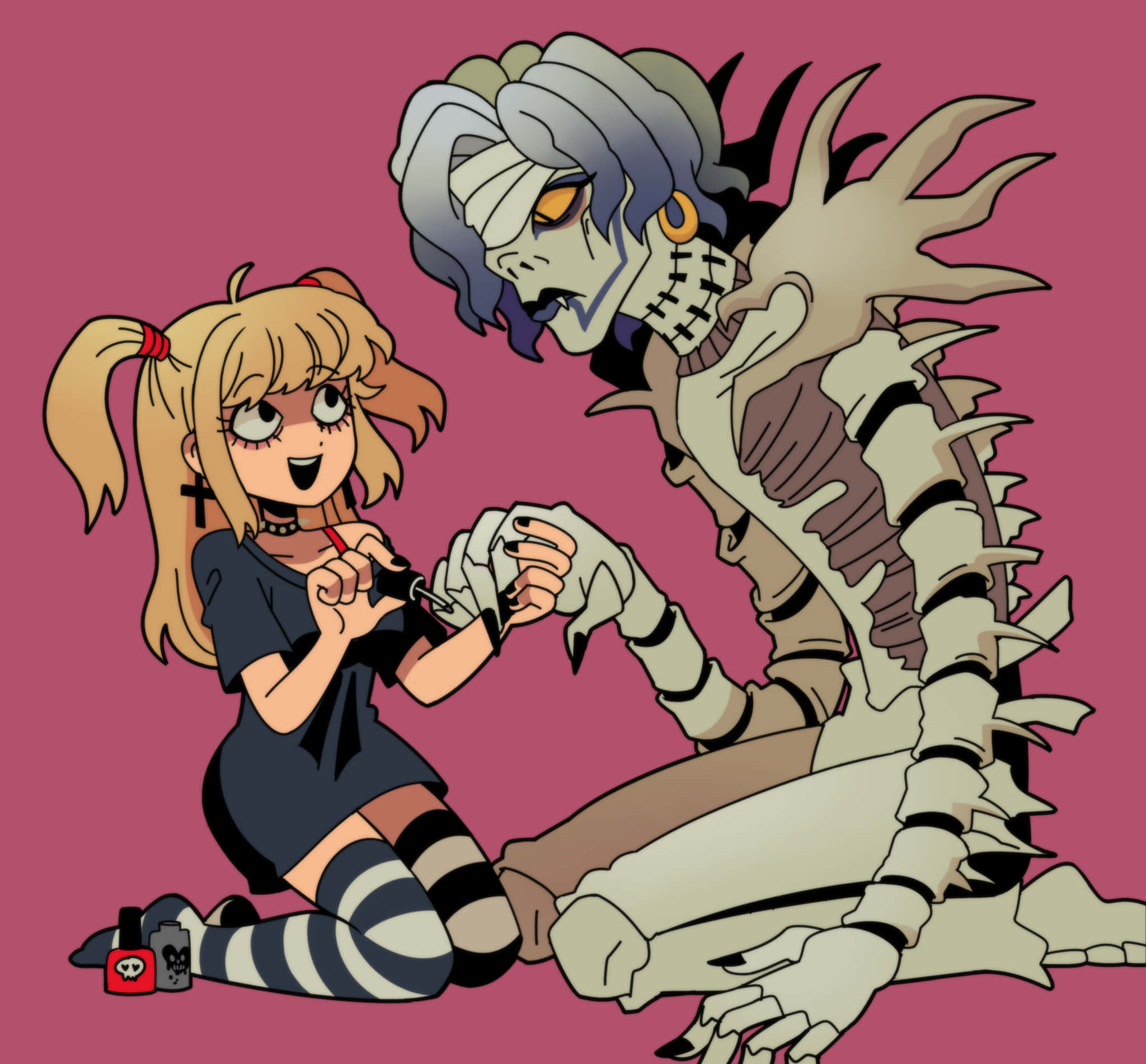 Death Note Rem 桌布 壁紙 — 一個紮著孖辮的開朗動畫女孩在純粉紅色背景上為骷髏怪物塗指甲油。