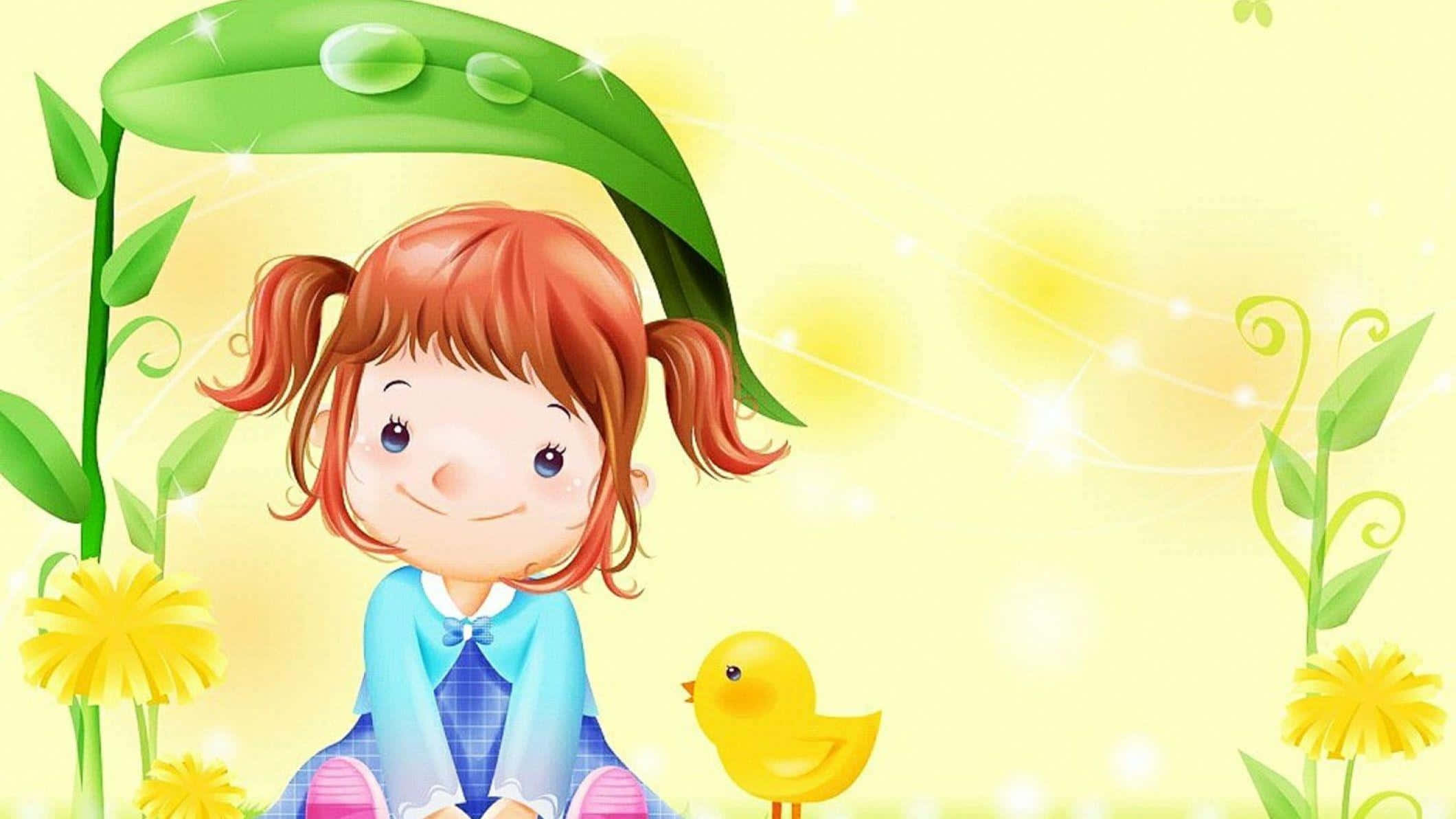 Cute Animations 桌布 壁紙 — 一個紮著紅色辮子的開朗卡通女孩坐在一片巨大的綠色葉子下，旁邊有一隻黃色小雞，周圍環繞著蒲公英和閃光。