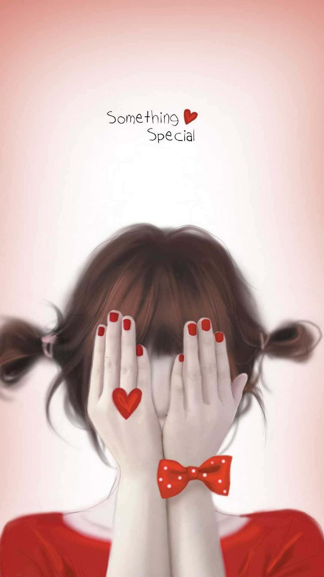 可愛少女風gif 桌布 壁紙 — 一個紮著辮子、塗紅色指甲油的女孩，用飾有心形紋身和紅色蝴蝶結的雙手遮住臉。