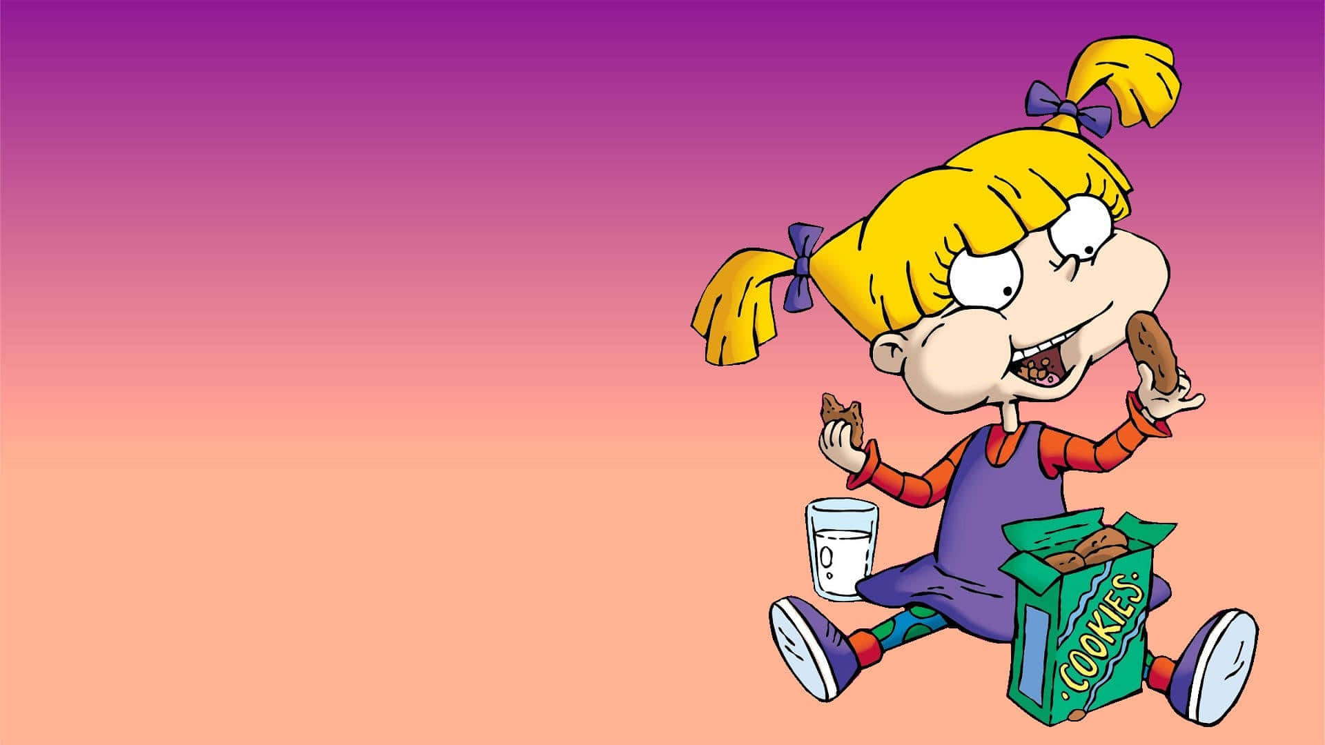 rugrats 桌布 壁紙 — 一個紮著辮子的卡通女孩坐在地板上，對著漸變的日落天空，高興地從一個打開的袋子裡吃餅乾。