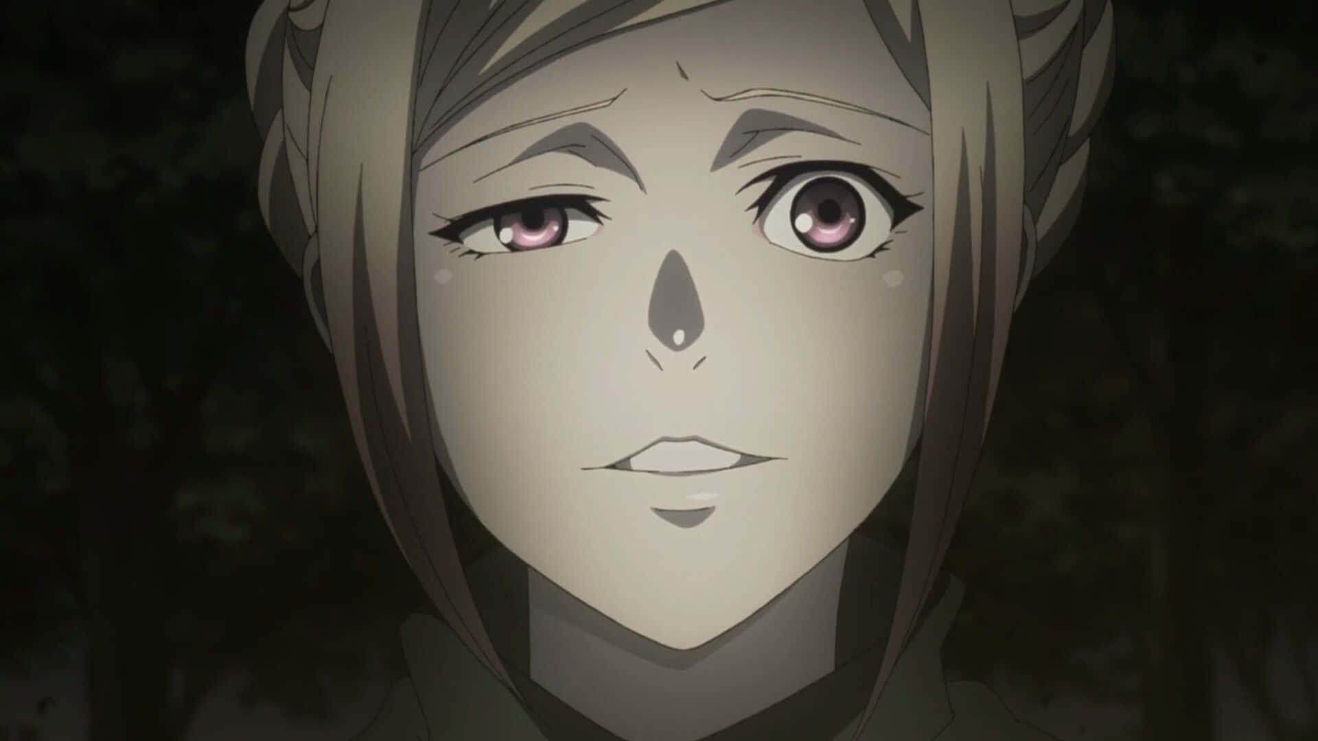 Akira Mado 桌布 壁紙 — 一個紮辮子、紫色眼睛的動漫少女特寫，在夜晚的黑暗森林中專注地凝視。