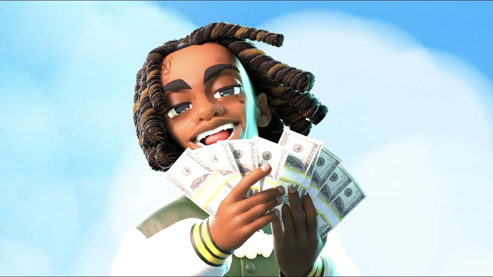 Ynw Melly Cartoon 桌布 壁紙 — 一個紮辮子的快樂動畫角色在明亮的藍天下自豪地展示一疊疊美元鈔票，笑容燦爛。