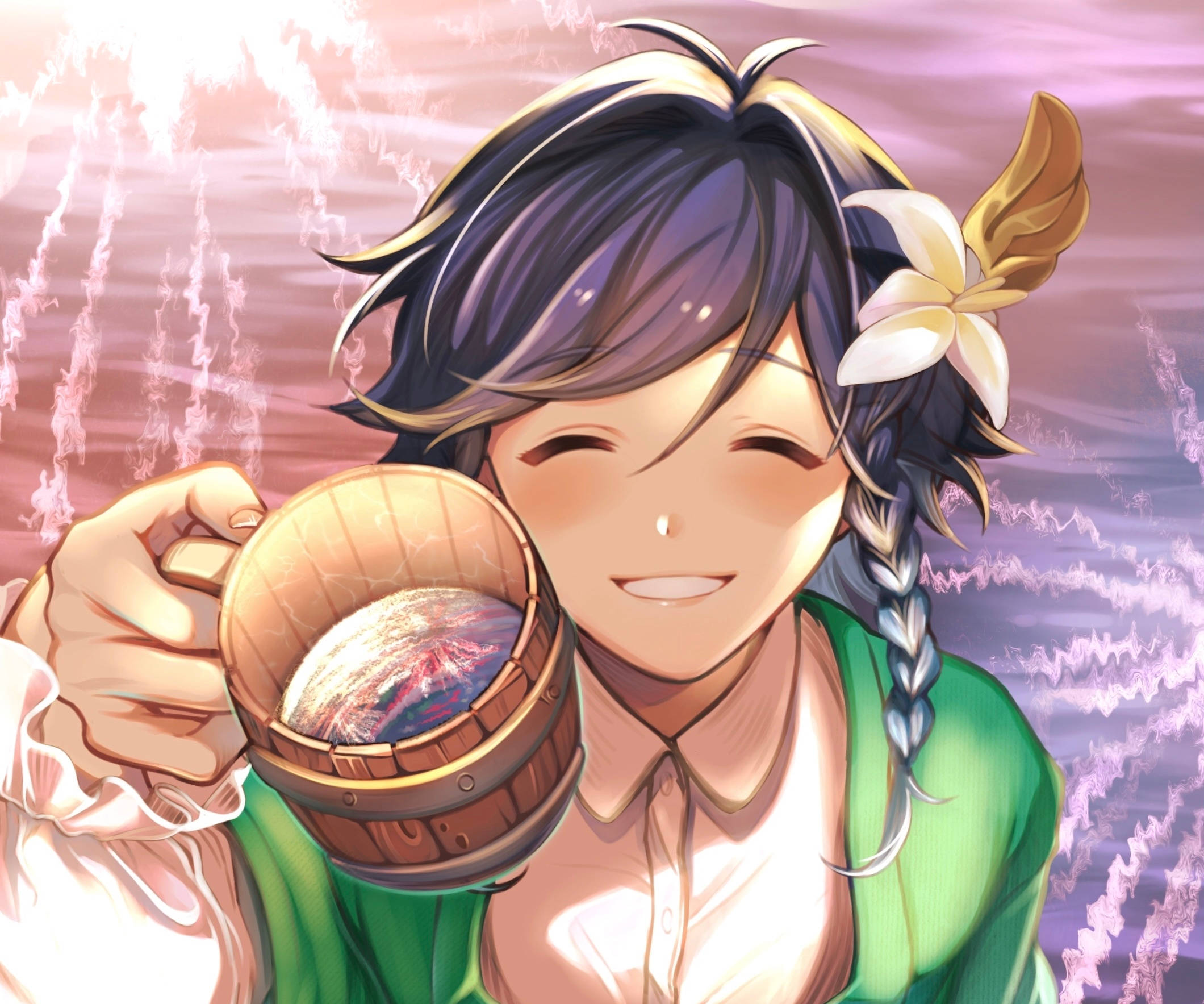 Genshin 桌布 壁紙 — 一個紮辮子的開朗動漫女孩，在夢幻的粉紫色背景下，手持一個帶有發光宇宙場景的木杯。