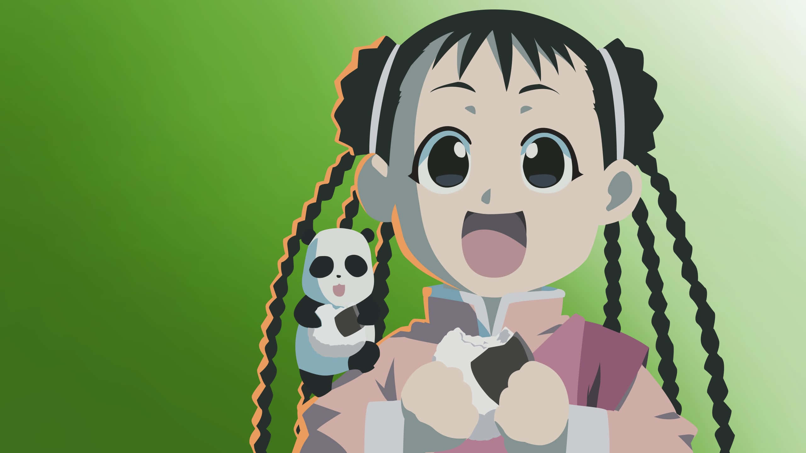 May Chang 桌布 壁紙 — 一個紮辮子的開朗動漫女孩，在柔和的綠色漸變背景前抱著熊貓毛公仔。