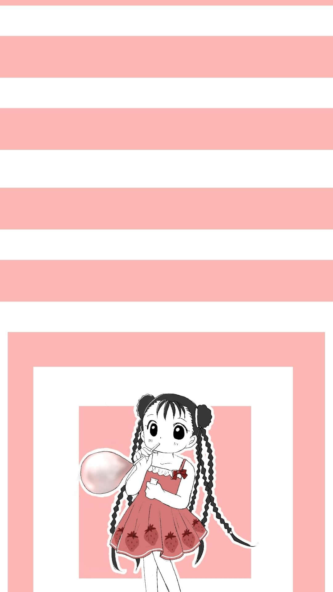 May Chang 桌布 壁紙 — 一個紮辮的可愛動漫女孩在粉紅和白色條紋背景前吹泡泡糖。
