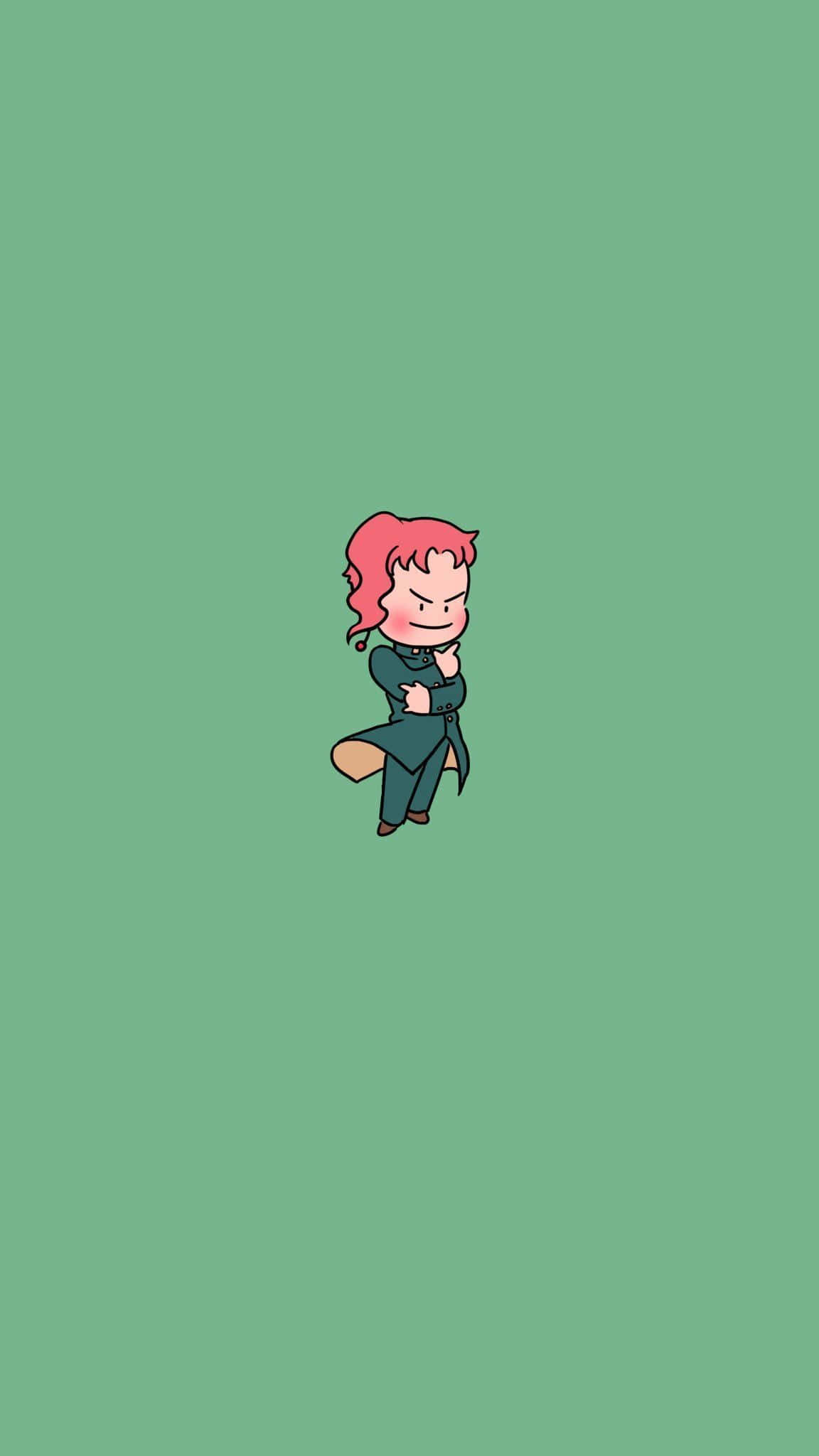Jojo Meme 桌布 壁紙 — 一個細小嘅chibi風格角色，粉紅色頭髮同深色衫，自信咁企喺純綠色背景前面。