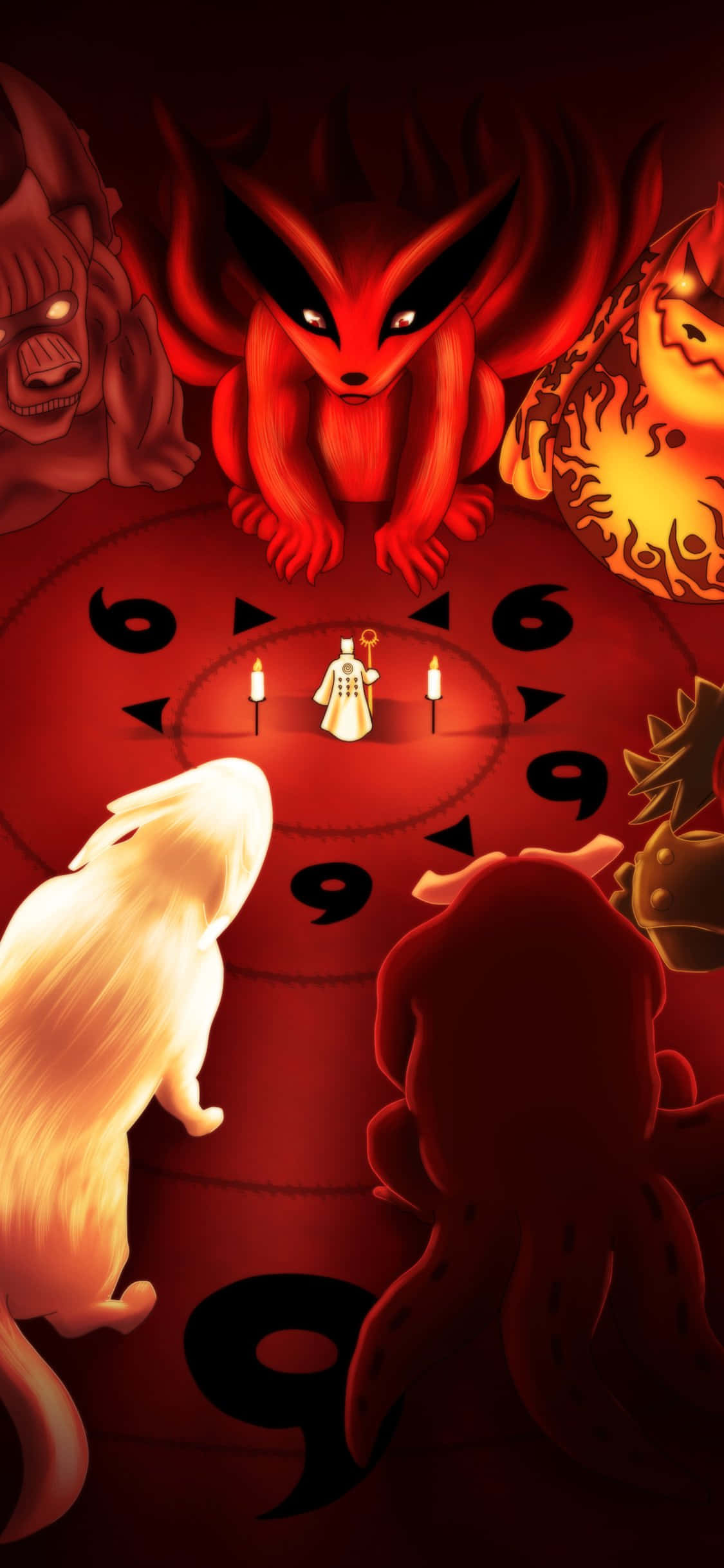 Sage Of Six Paths 桌布 壁紙 — 一個細小嘅人物企喺一個發光嘅紅色九尾狐前面，周圍有惡魔實體喺時鐘面上。