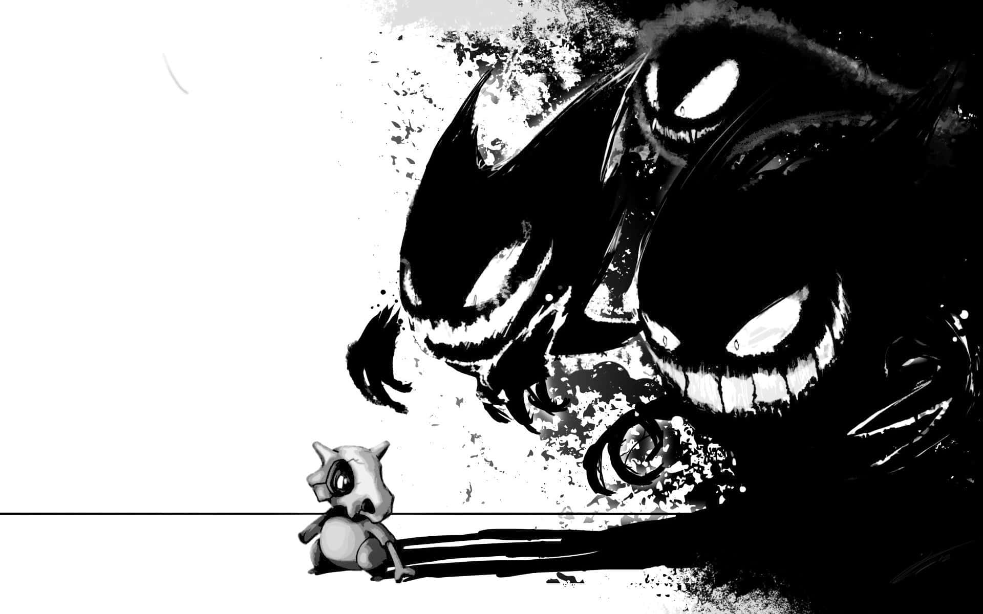 Pokemon Posters 桌布 壁紙 — 一個細小嘅卡通生物面對一個帶有發光眼睛嘅巨大怪獸陰影，以鮮明黑白呈現。