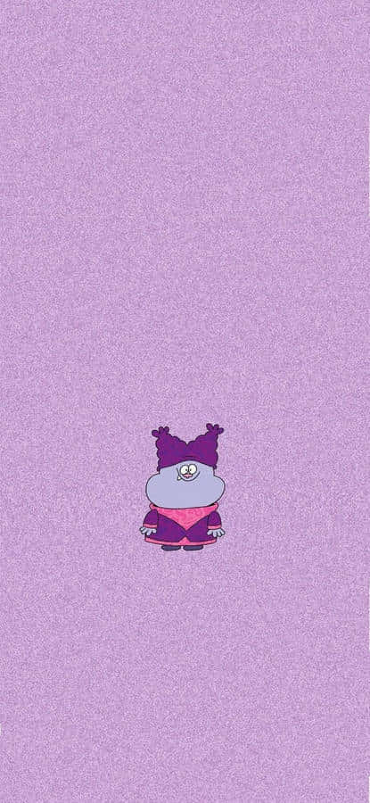 Cartoon Characters 桌布 壁紙 — 一個細小嘅卡通角色，紫色頭髮同粉紅色衫，獨自企喺有紋理嘅薰衣草背景上。