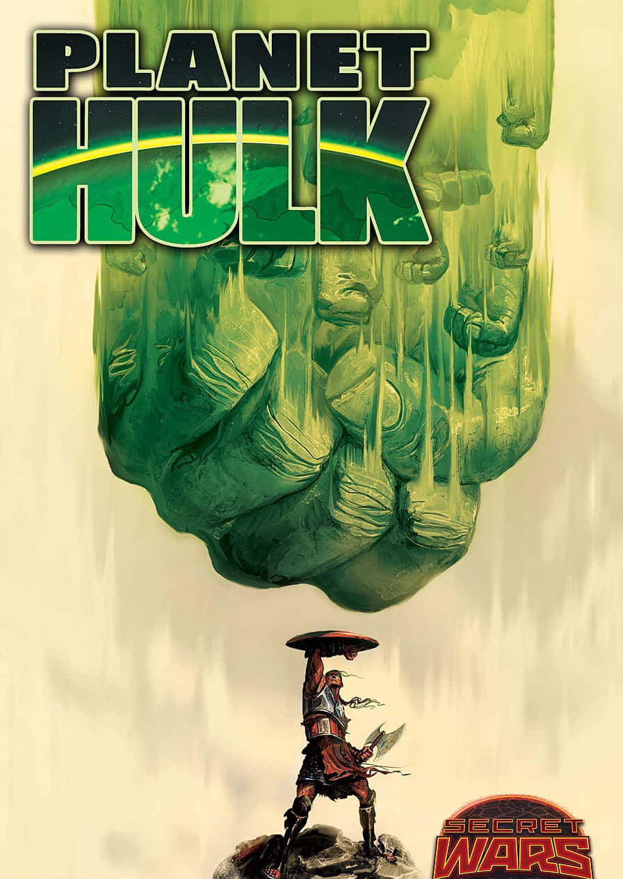 Secret Wars 桌布 壁紙 — 一個細小嘅戰士喺漫畫書封面下，挑釁咁企喺一個壓碎行星嘅巨大綠色拳頭下面。
