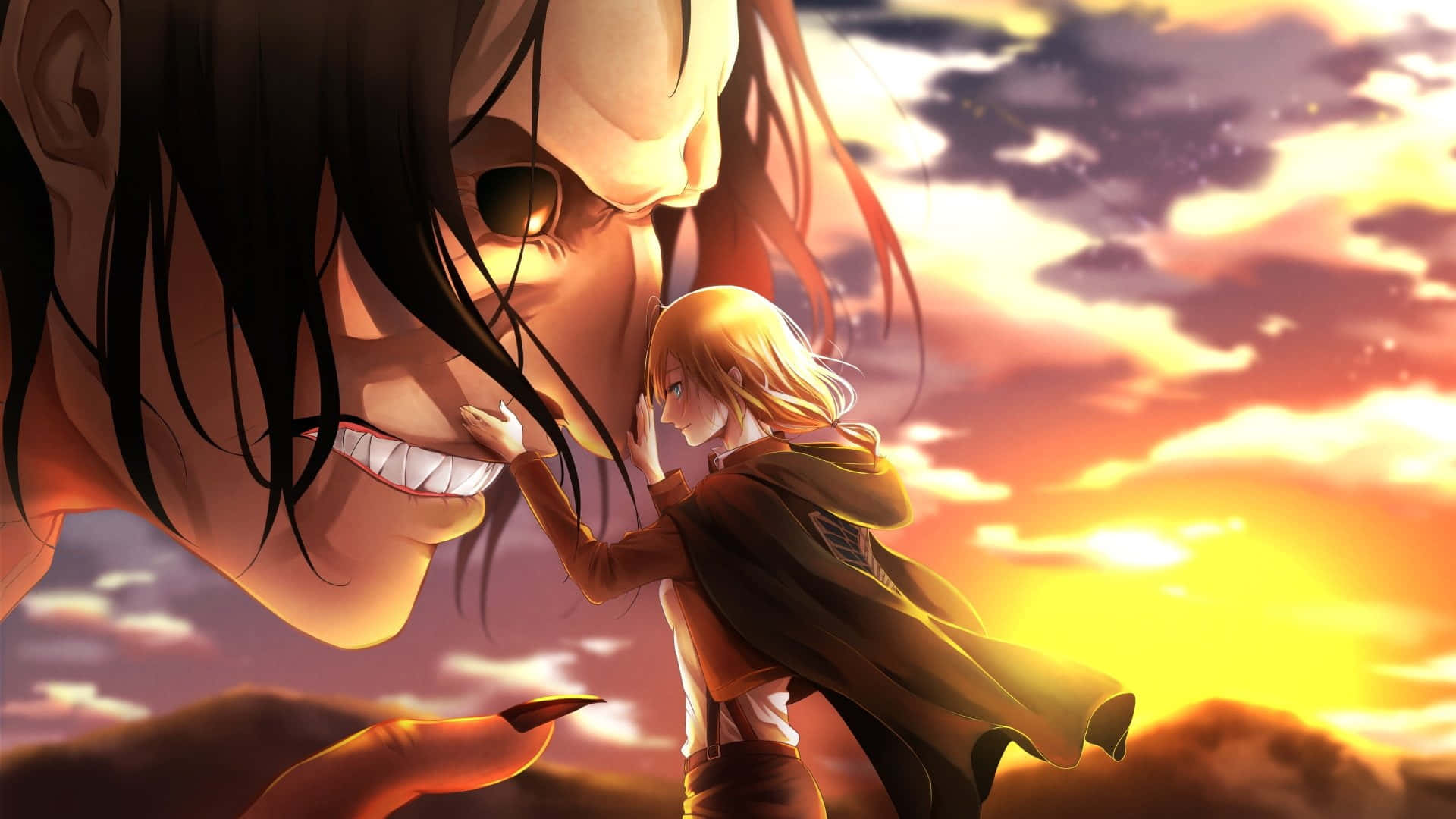 Attack On Titan Season 2 桌布 壁紙 — 一個細小嘅金髮動漫女仔輕輕觸摸一個巨大威脅性嘅巨人嘅臉，背景係熾熱嘅日落天空。