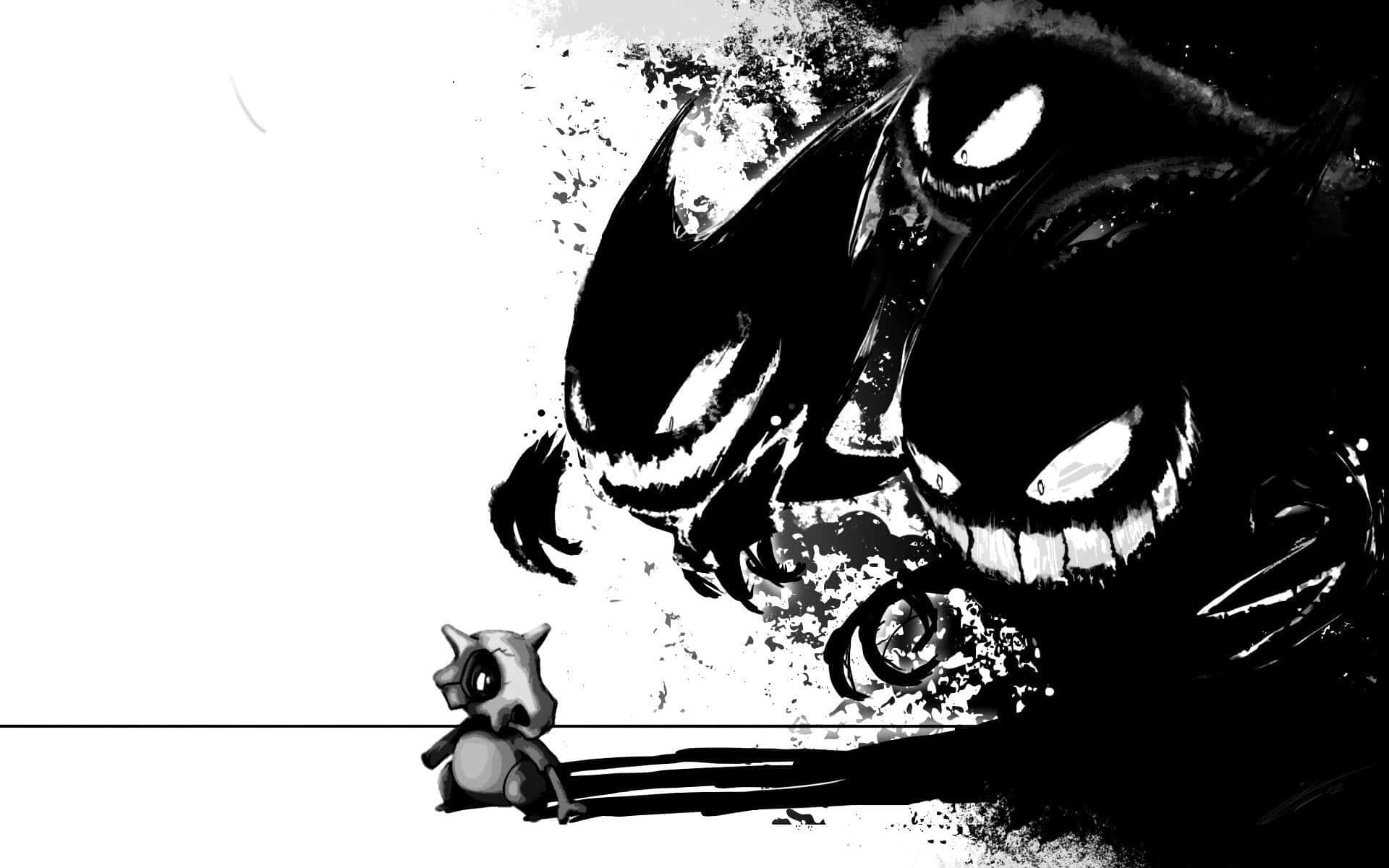 shadow 桌布 壁紙 — 一個細小的chibi生物面對一個帶有發光眼睛、迫在眉睫的怪物陰影，以鮮明的黑白呈現。