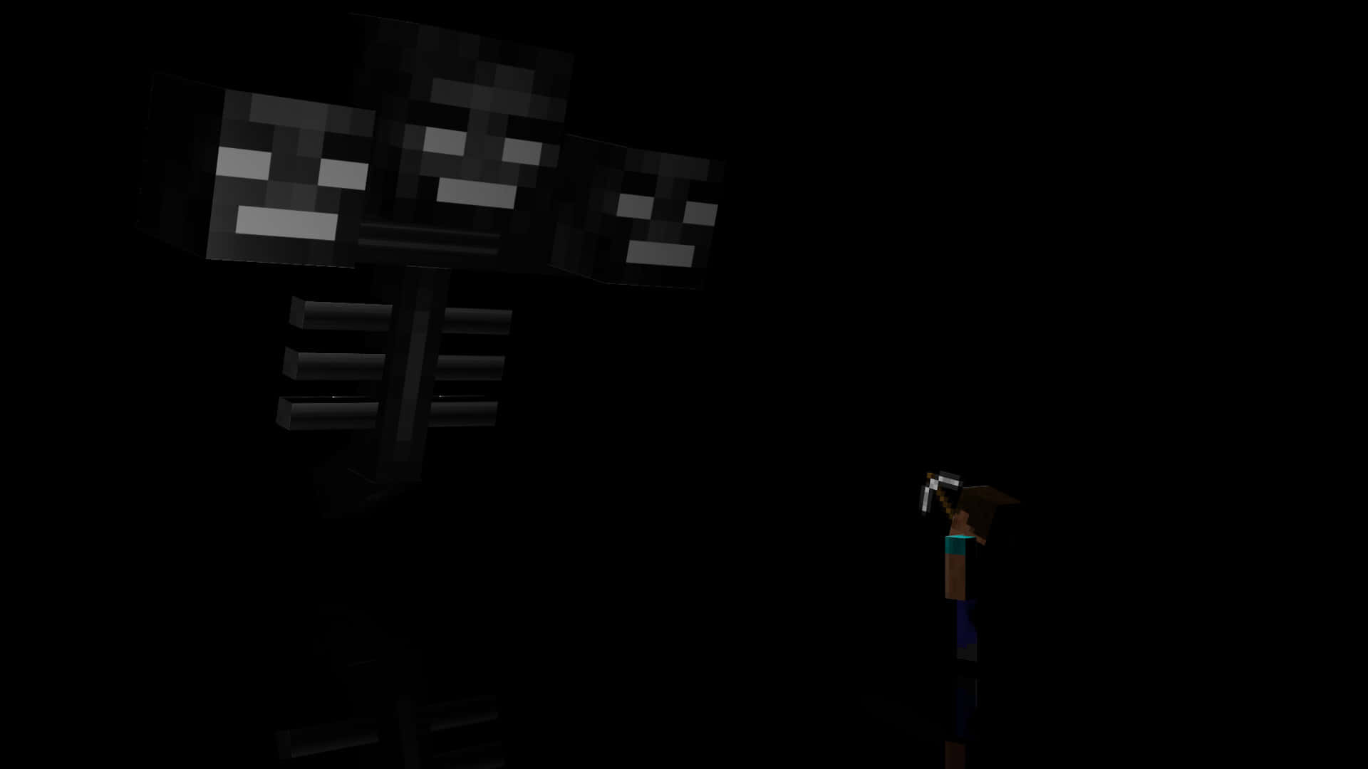 Minecraft Wither Boss 桌布 壁紙 — 一個細小的Minecraft玩家在漆黑一片的虛空中面對一個高聳的像素化Enderman。