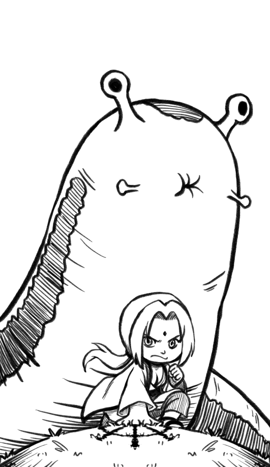 Katsuyu 桌布 壁紙 — 一個細小的Q版戰士挑釁地站在一個高聳、睡眼惺忪、有兩條觸角及閉著眼睛的外星人面前。