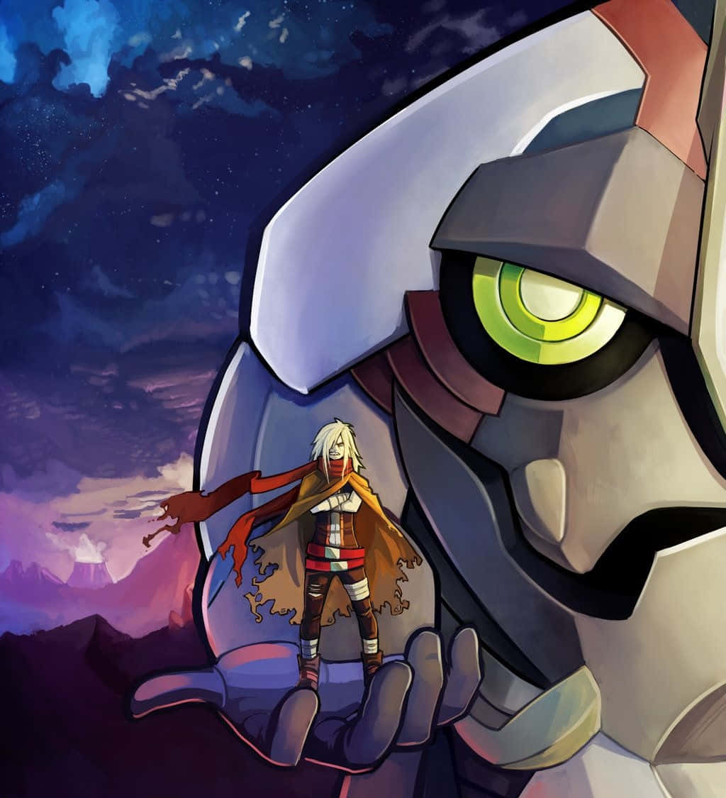 Gurren Lagann Viral 桌布 壁紙 — 一個細小的動畫戰士站在巨型機械人的手掌上，背景是佈滿星星的暮色天空，帶有紫色和藍色的雲彩。
