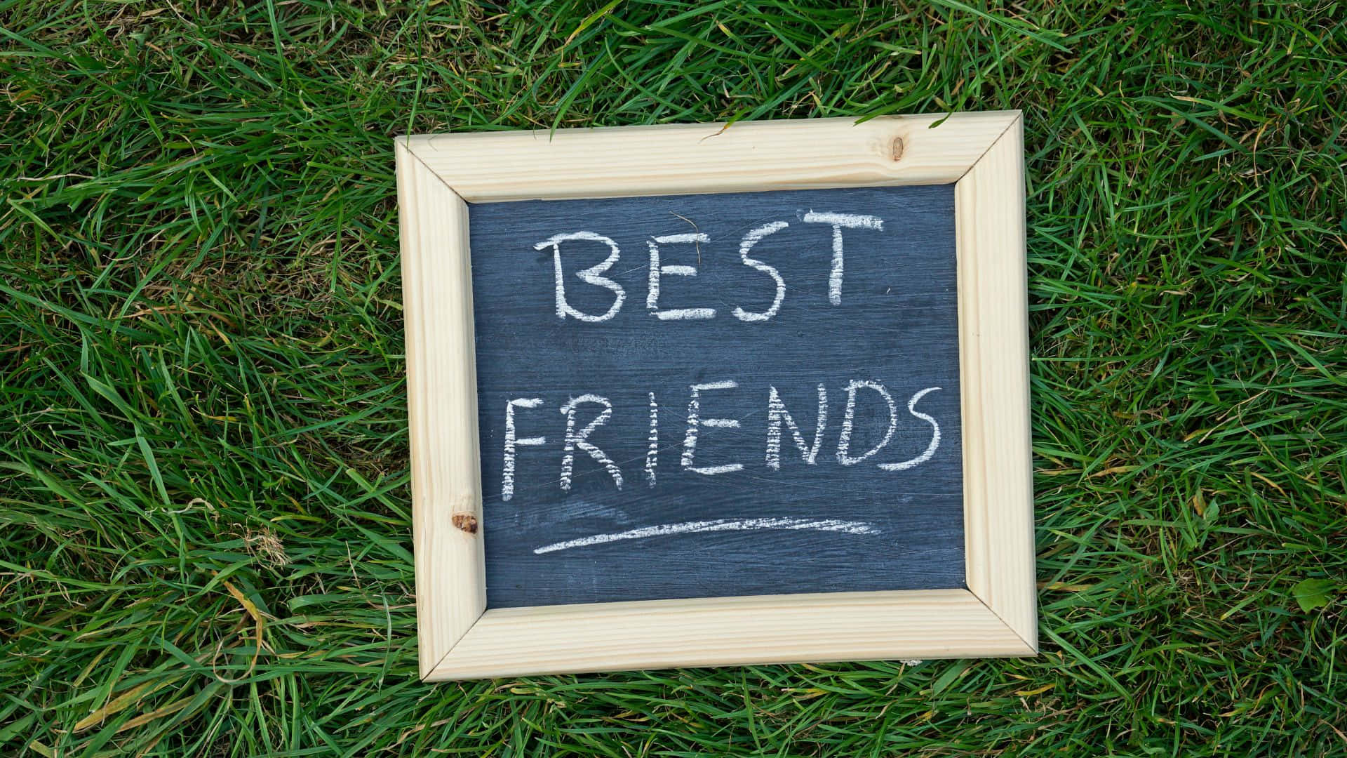 Best Friend 桌布 壁紙 — 一個細小的木框黑板，上面用白色粉筆寫著「BEST FRIENDS」，放在鮮綠色的草地上。