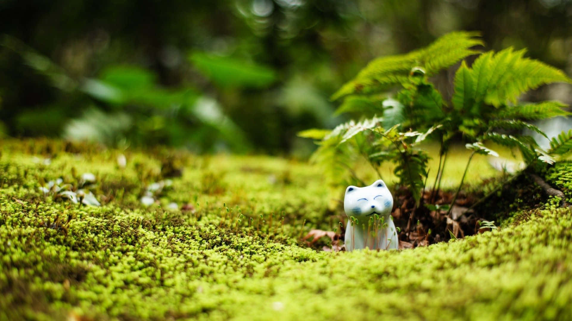 Moss 桌布 壁紙 — 一個細小的白色貓咪雕像在寧靜的森林中，躺在茂密蕨類植物間充滿活力的綠色苔蘚上，安詳地休息。