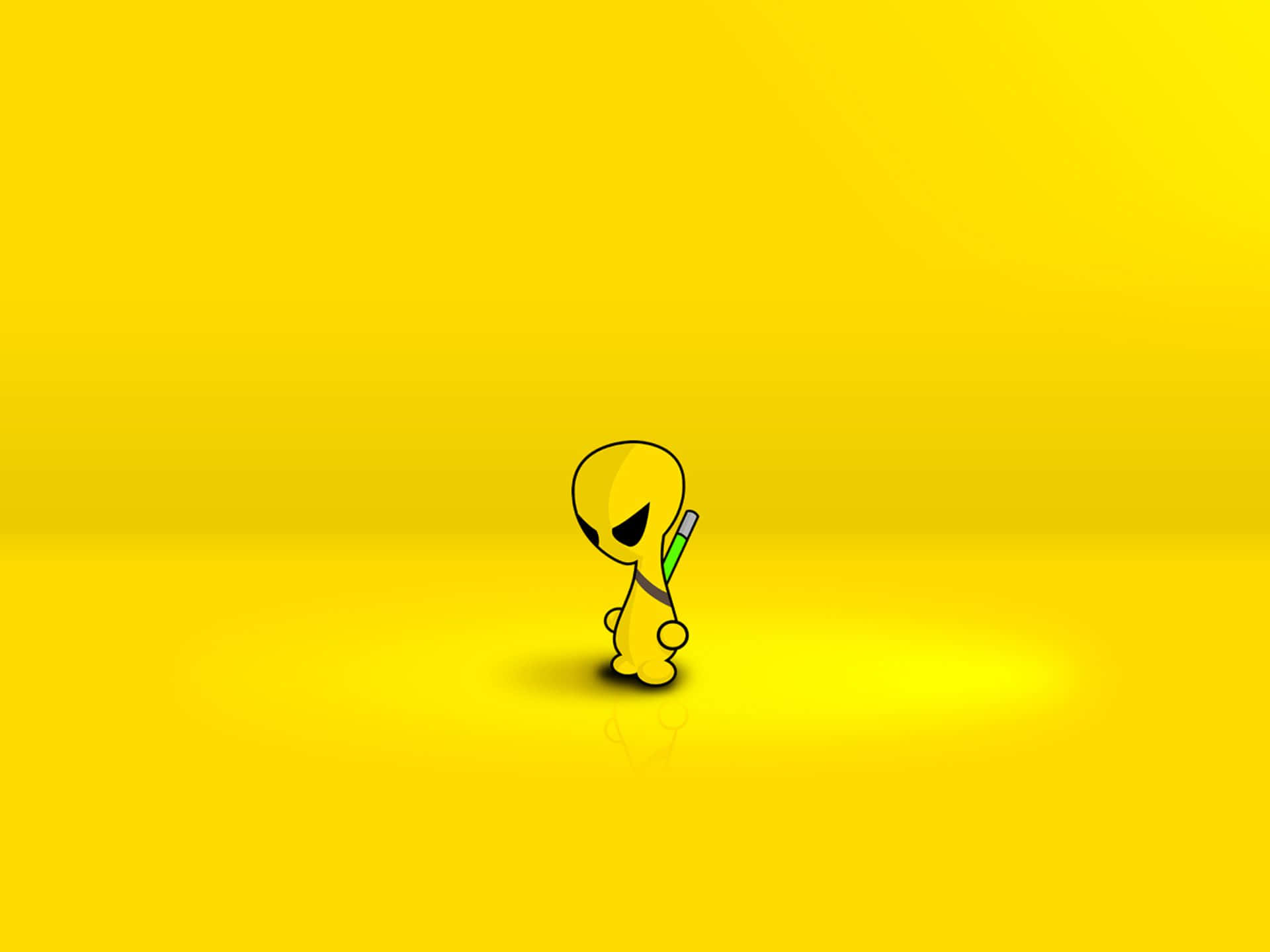 Cartoon Alien 桌布 壁紙 — 一個細小的黃色卡通外星人獨自站在黃色漸變虛空中，手持一個綠色和灰色的物體。