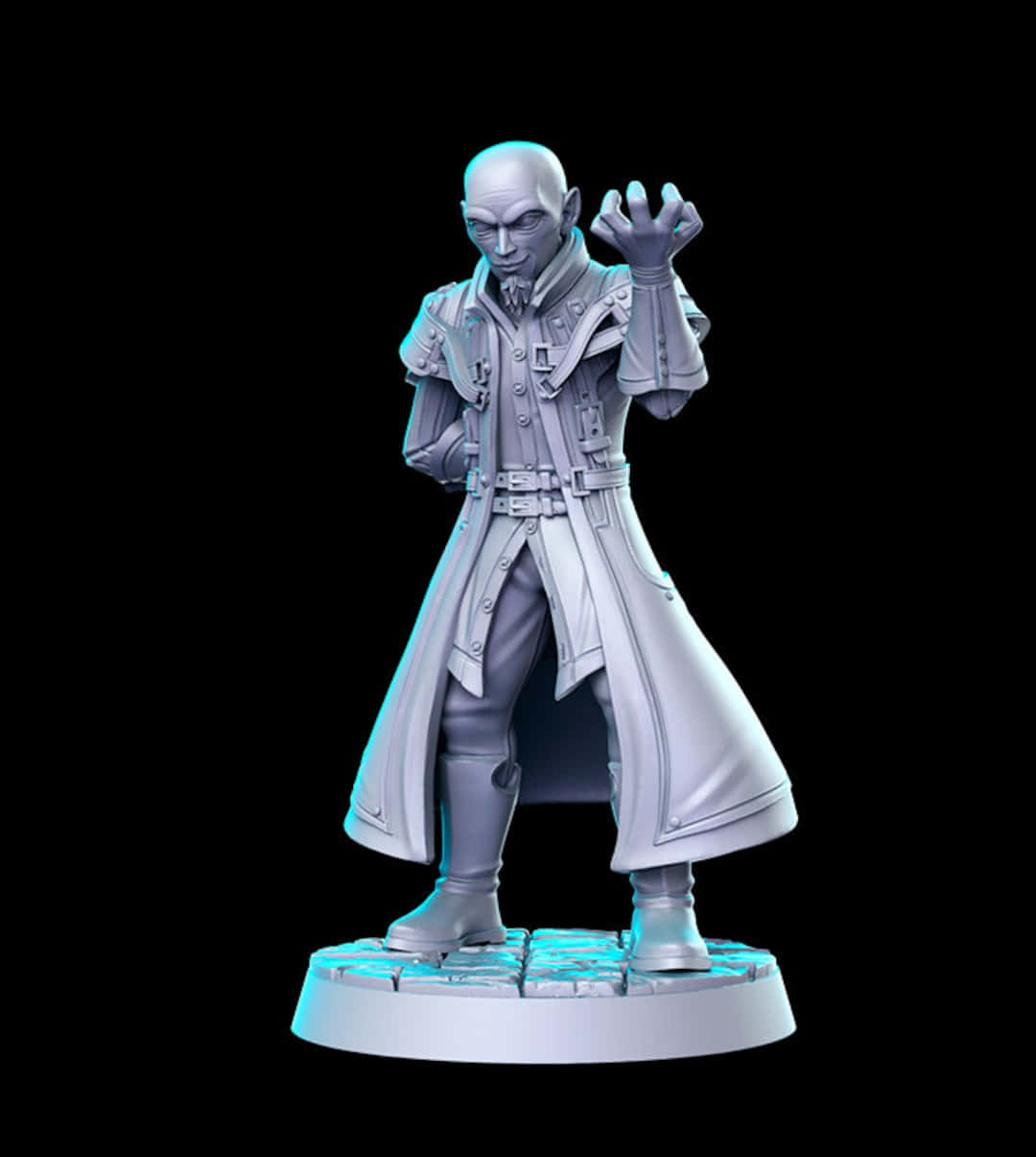 Kingdom Hearts Xehanort 桌布 壁紙 — 一個細節豐富的3D渲染奇幻角色人偶，帶有發光藍色點綴，立於黑色背景上的圓形底座。