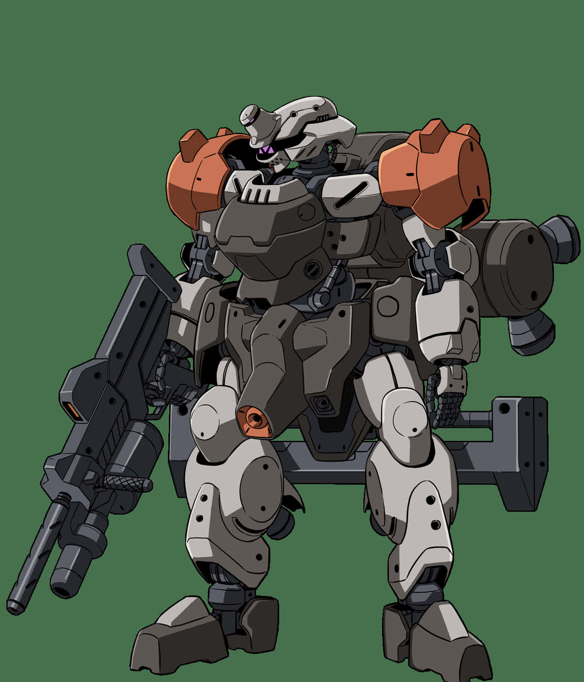 Mobile Suit Gundam Iron-blooded Orphans 桌布 壁紙 — 一個細節豐富的動畫風格機甲，手持大型步槍，站在純綠色背景前。
