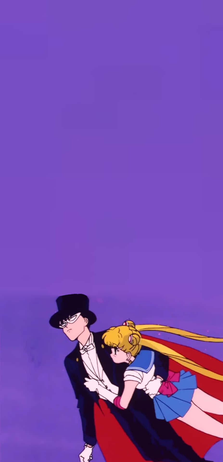 tuxedo mask 桌布 壁紙 — 一個經典動畫場景顯示一個金髮女孩穿著藍色水手服，緊貼著一個戴黑色高帽的男人，背景是純紫色。