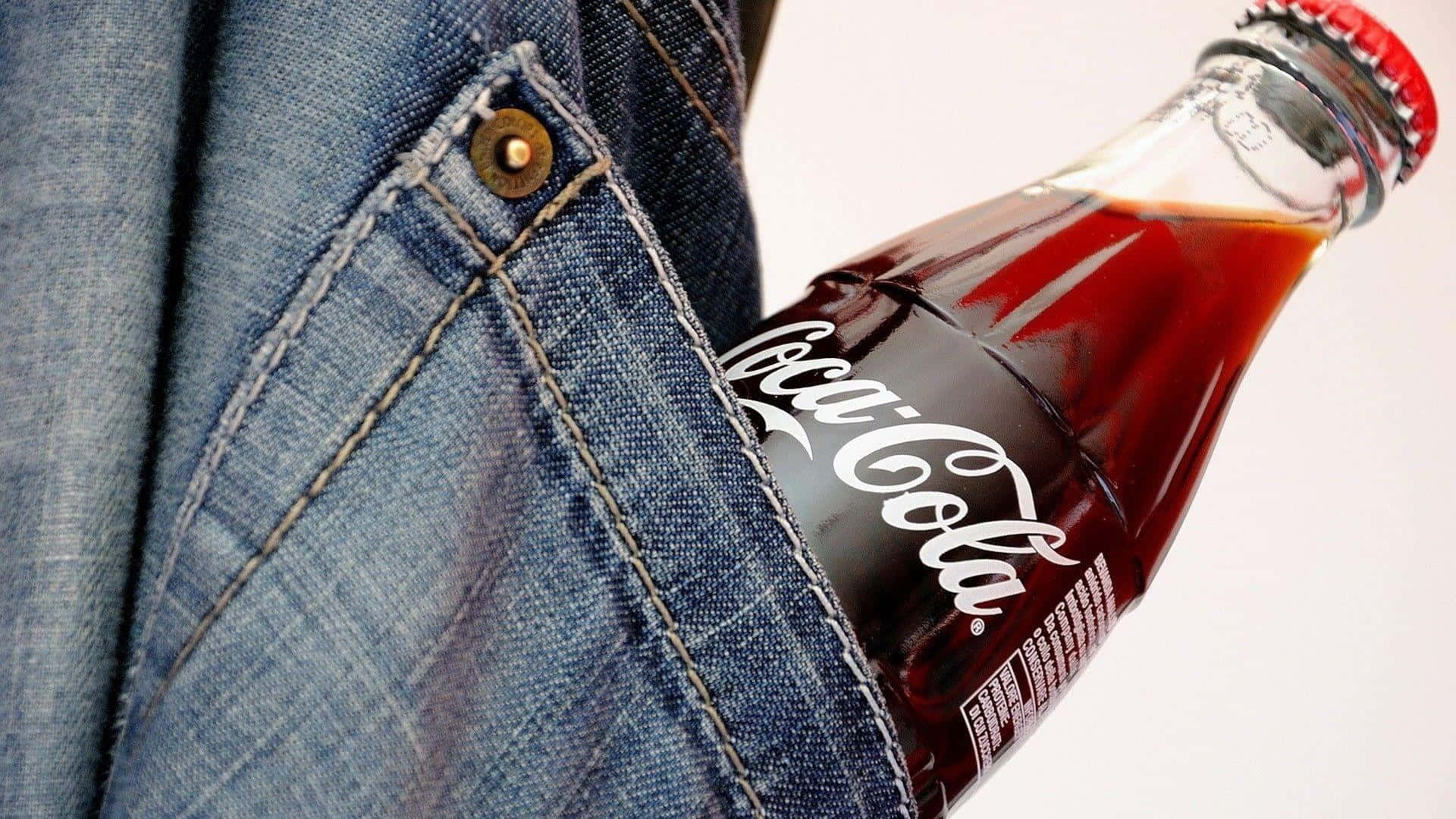 Jeans 桌布 壁紙 — 一個經典的可口可樂玻璃瓶，帶紅色瓶蓋，從藍色牛仔褲口袋中探出頭來，背景為白色。