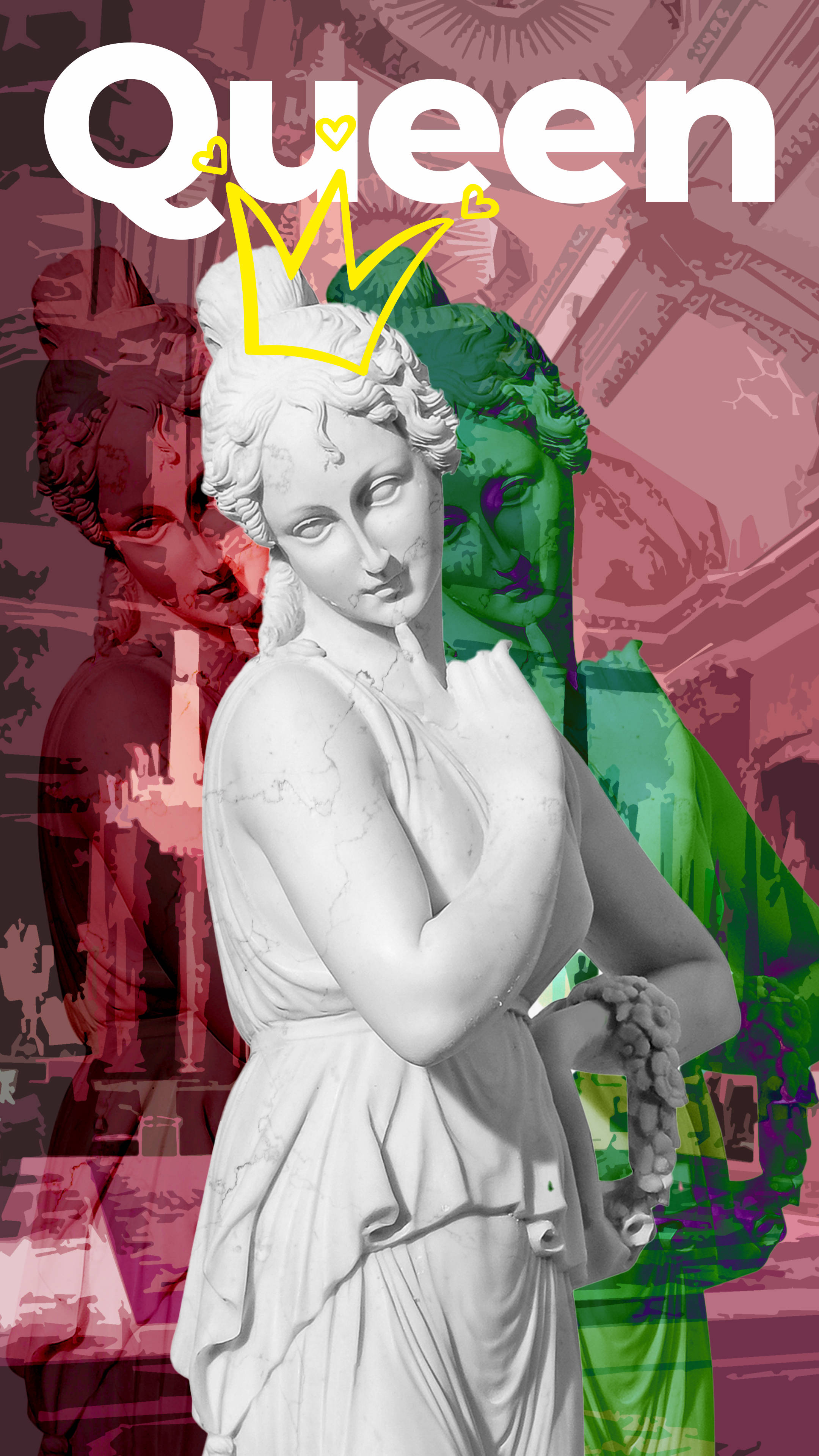 Statue Aesthetic 桌布 壁紙 — 一個經典的大理石雕像，一位戴著黃色皇冠的女性，背景是鮮豔的紅色和綠色故障效果，並帶有Queen字樣。