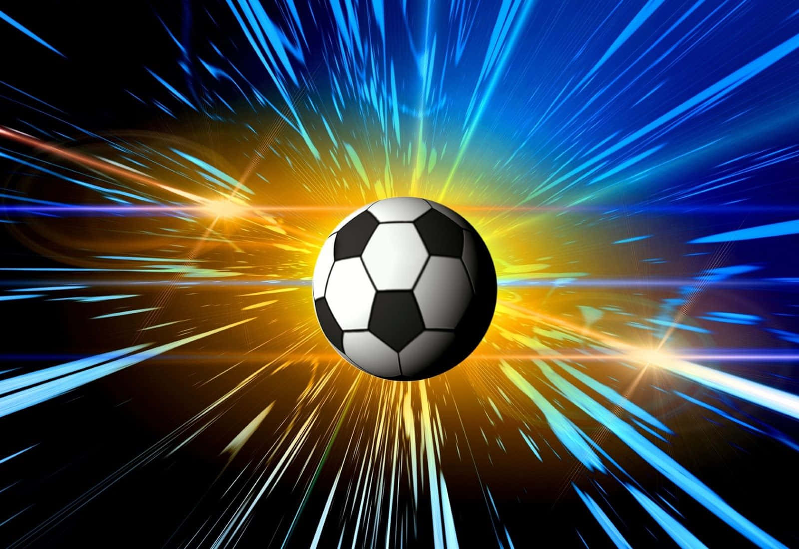 3d Sports 桌布 壁紙 — 一個經典的黑白足球在深色背景上散發出強烈的速度感，伴隨著藍色和金色的光線條紋。
