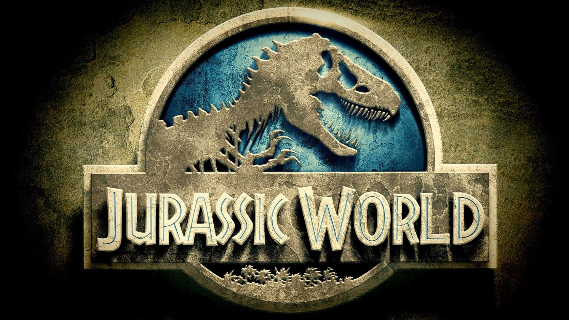 侏羅紀世界 桌布 壁紙 — 一個經過風化的Jurassic World標誌，在藍色紋理背景上有一個咆哮的T-Rex剪影。