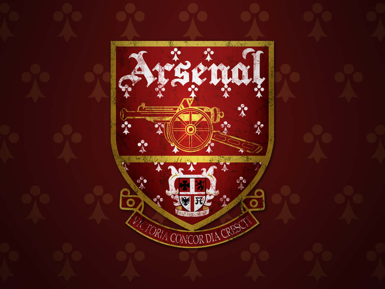 Arsenal 桌布 壁紙 — 一個經過風化的阿仙奴FC徽章，以白色和金色在深紅色背景上重複的鳶尾花圖案中脫穎而出。