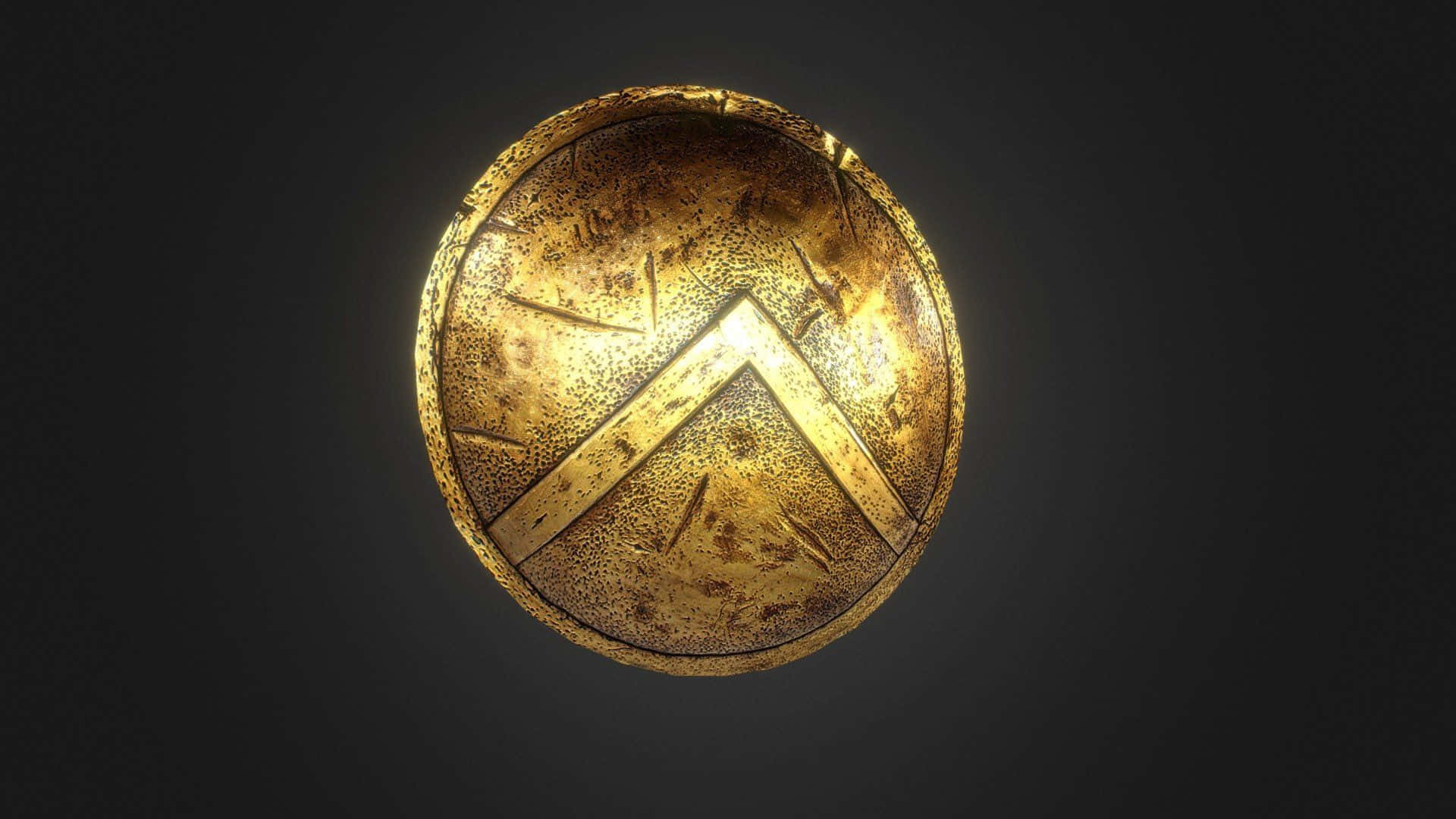 shield 桌布 壁紙 — 一個經風化的金色圓形盾牌，帶有突出的V形徽章，在深色漸變背景上發光。