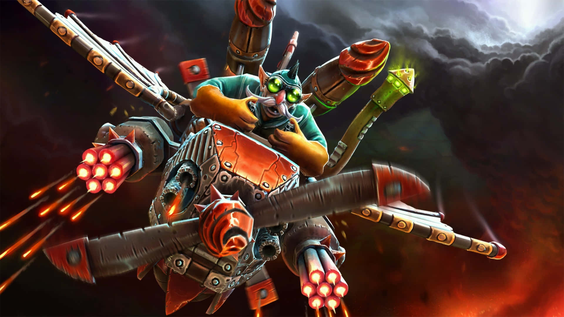 Dota 2 Heroes 桌布 壁紙 — 一個綠眼睛嘅哥布林機師喺機械飛行器入面向住暴風雨嘅天空發射發光嘅大炮。