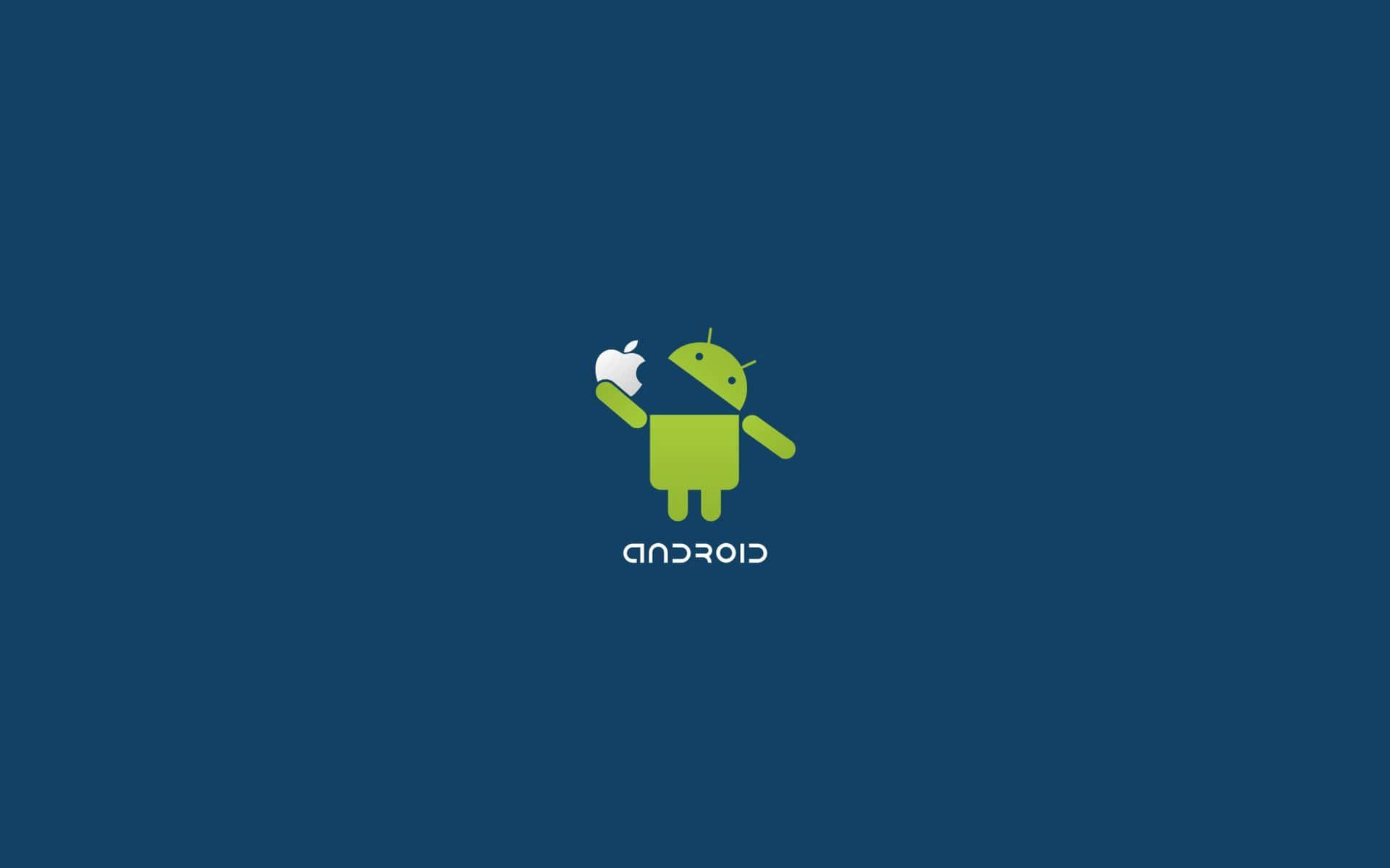 Android Computer 桌布 壁紙 — 一個綠色Android機械人手持Apple標誌，背景為純深藍色，下方有「android」文字。