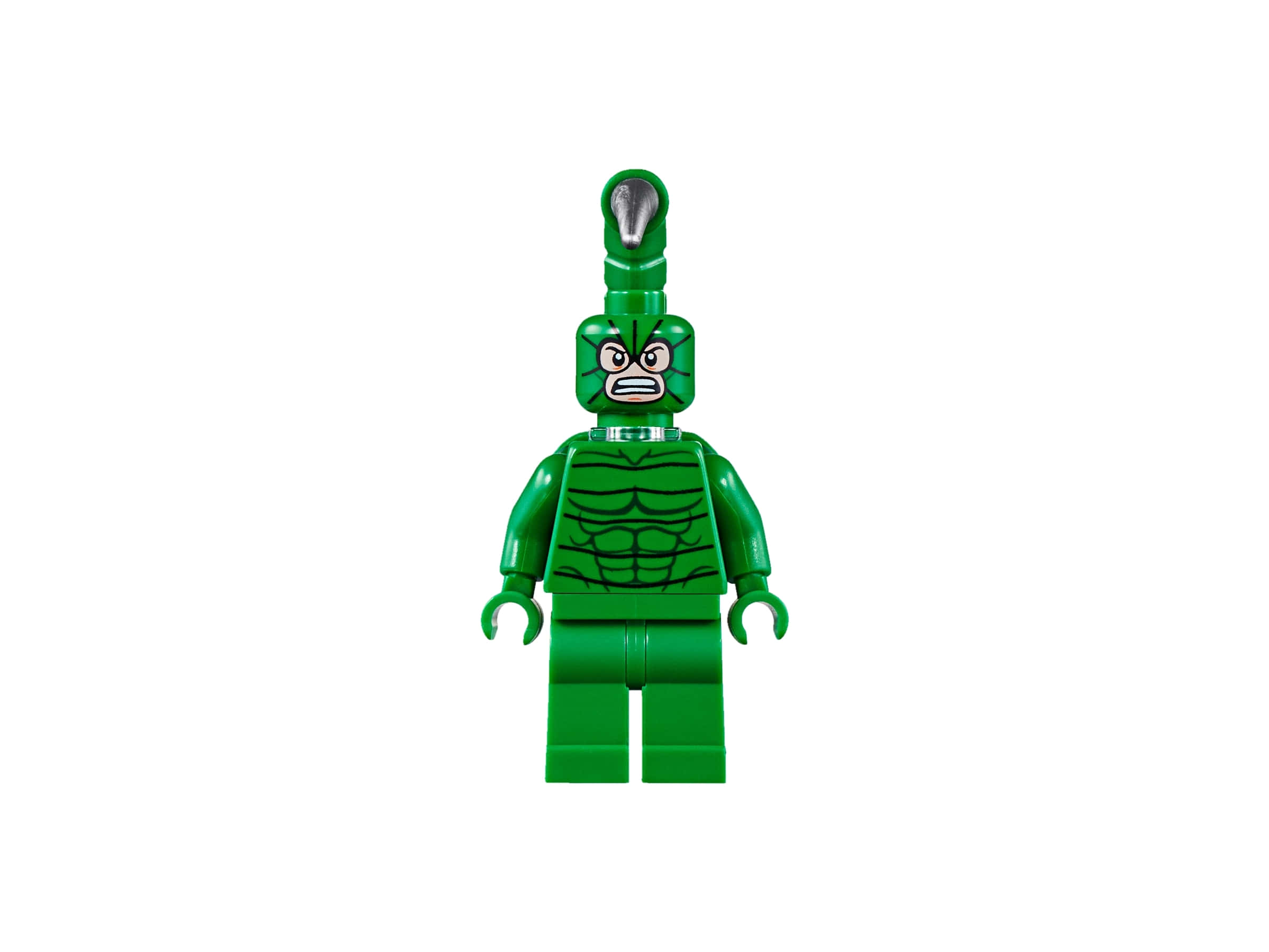 The Scorpion 桌布 壁紙 — 一個綠色LEGO蠍子迷你人偶，帶有憤怒的表情和銀色角，站在純白色背景前。