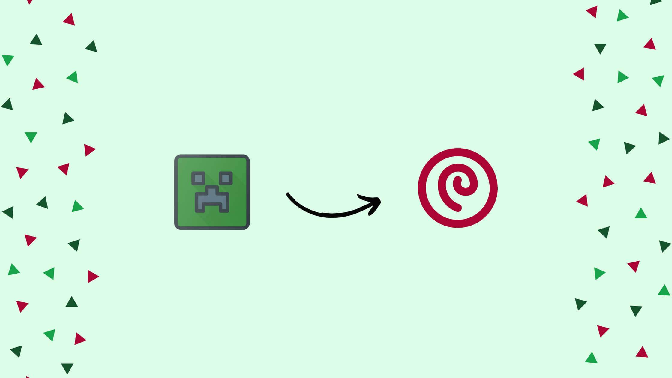 Minecraft Server 桌布 壁紙 — 一個綠色Minecraft爬行者圖標用箭頭指向一個紅色螺旋標誌，背景是淺薄荷綠色，散落著紅色和綠色的三角形。