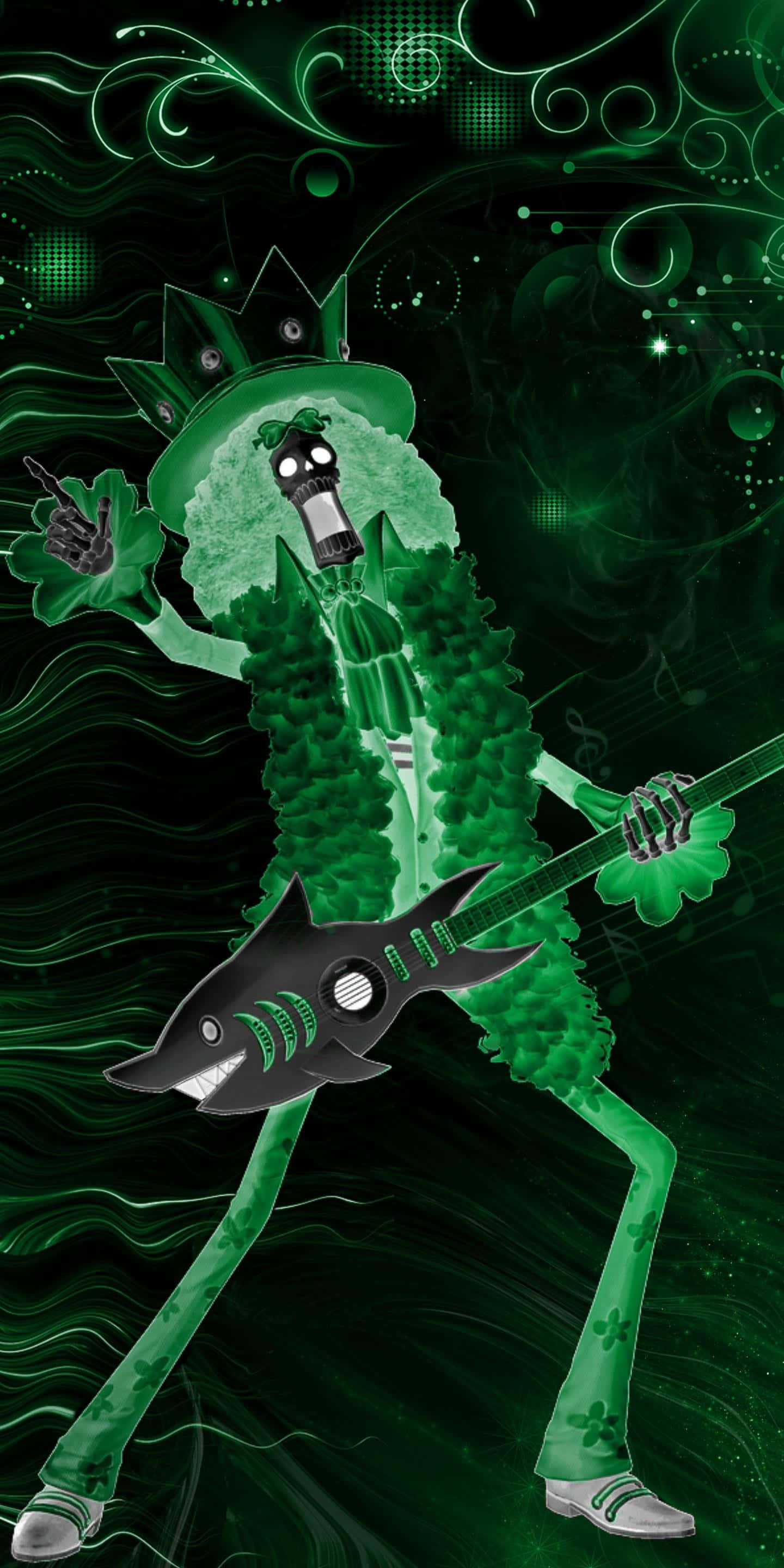 Brook 桌布 壁紙 — 一個綠色三葉草頭骷髏搖滾明星在旋轉的霓虹綠色宇宙圖案中彈奏鯊魚結他。