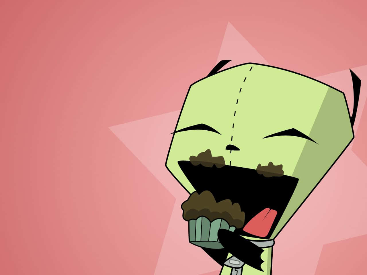 Invader Zim 桌布 壁紙 — 一個綠色卡通外星人，臉上縫著線，在粉紅色星星背景下快樂地吃著巧克力杯子蛋糕。