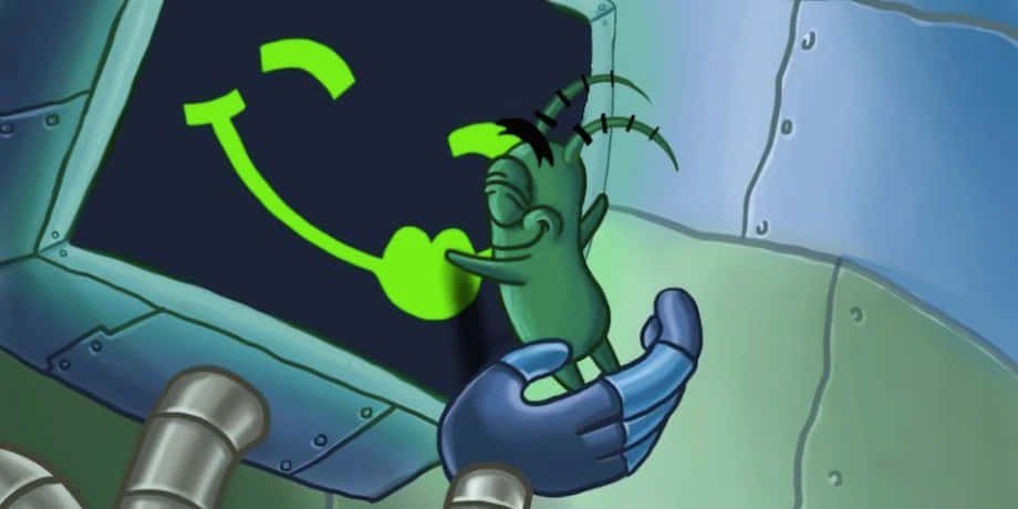 plankton 桌布 壁紙 — 一個綠色卡通外星人帶有天線，微笑著在金屬太空船內部拿著一個發光的綠色電話。