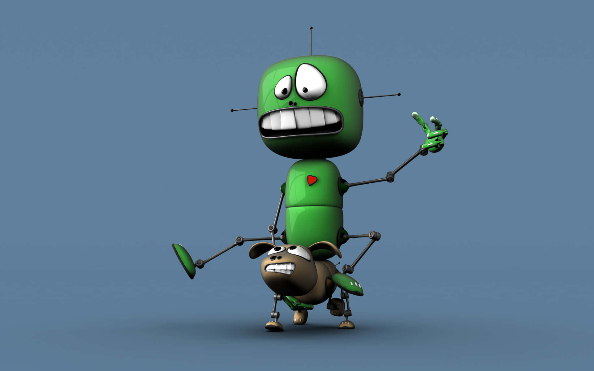 Kawaii Robot 桌布 壁紙 — 一個綠色卡通機械人，咧嘴大笑，帶有天線，在純藍色背景前抱著一個棕色小機械人同伴。