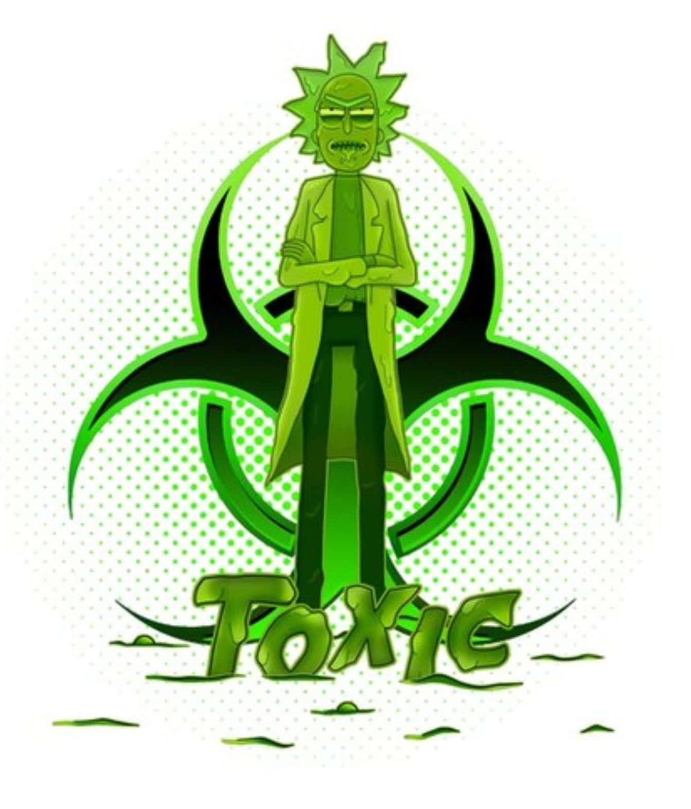 Total Rickall 桌布 壁紙 — 一個綠色卡通科學家雙臂交叉站在生物危害標誌後面，下方有toxic字樣。