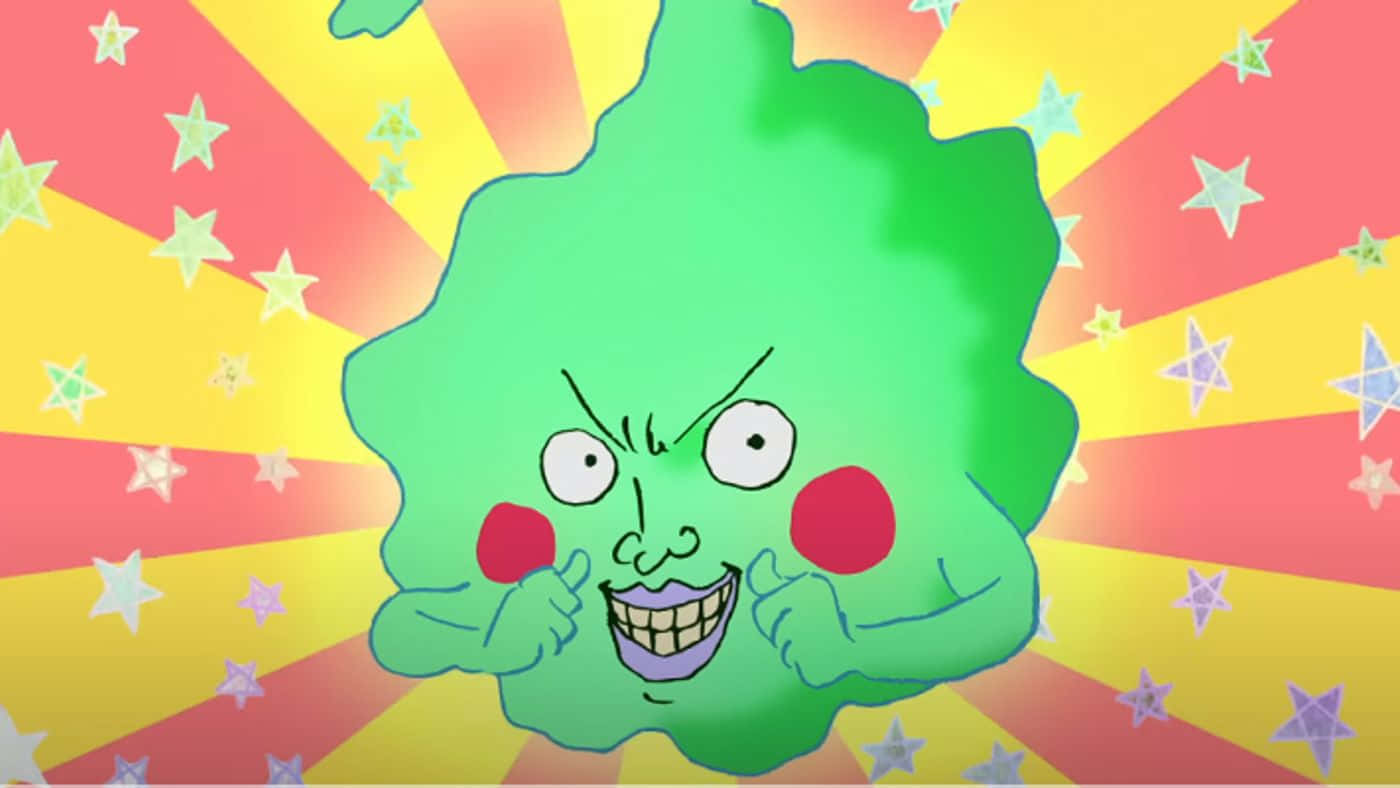 Mob Psycho 100 Ekubo 桌布 壁紙 — 一個綠色卡通角色，帶著憤怒的眼神和紅色的臉頰，在充滿活力的星爆背景前向前出拳。